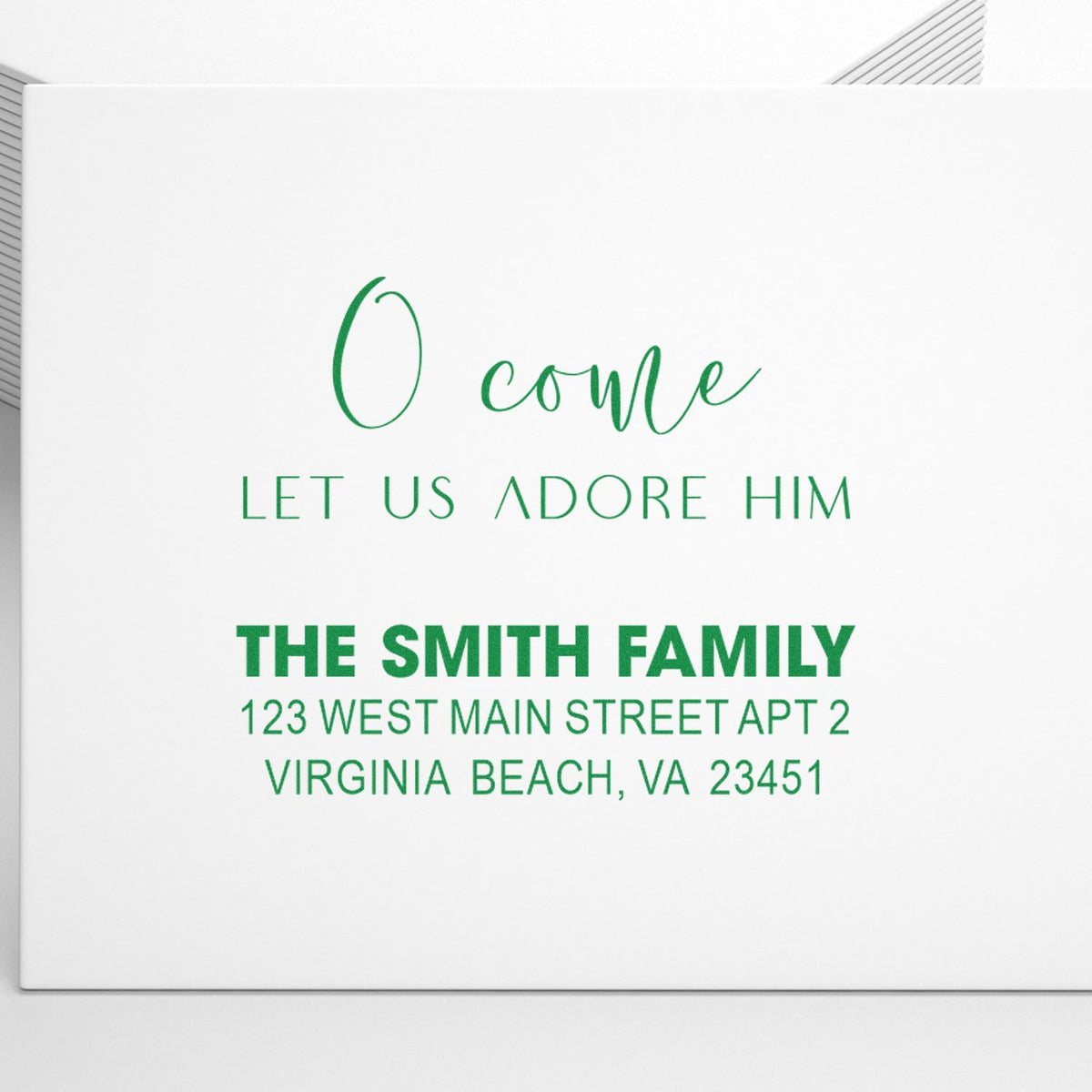 Custom Christmas return address rubber stamp with O come, let us adore Him for The Smith Family.