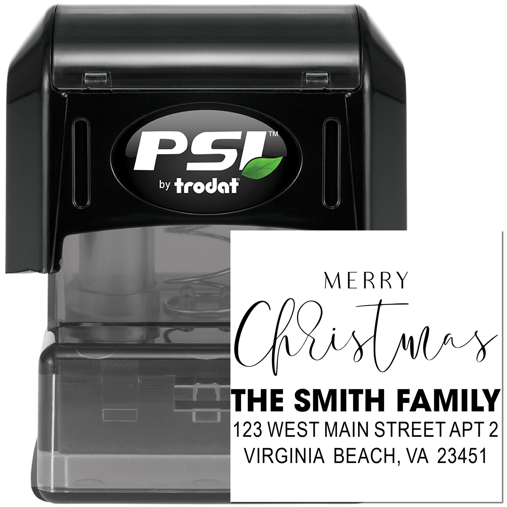 PSI by Trodat custom Christmas address rubber stamp with Merry Christmas, The Smith Family, and return address.