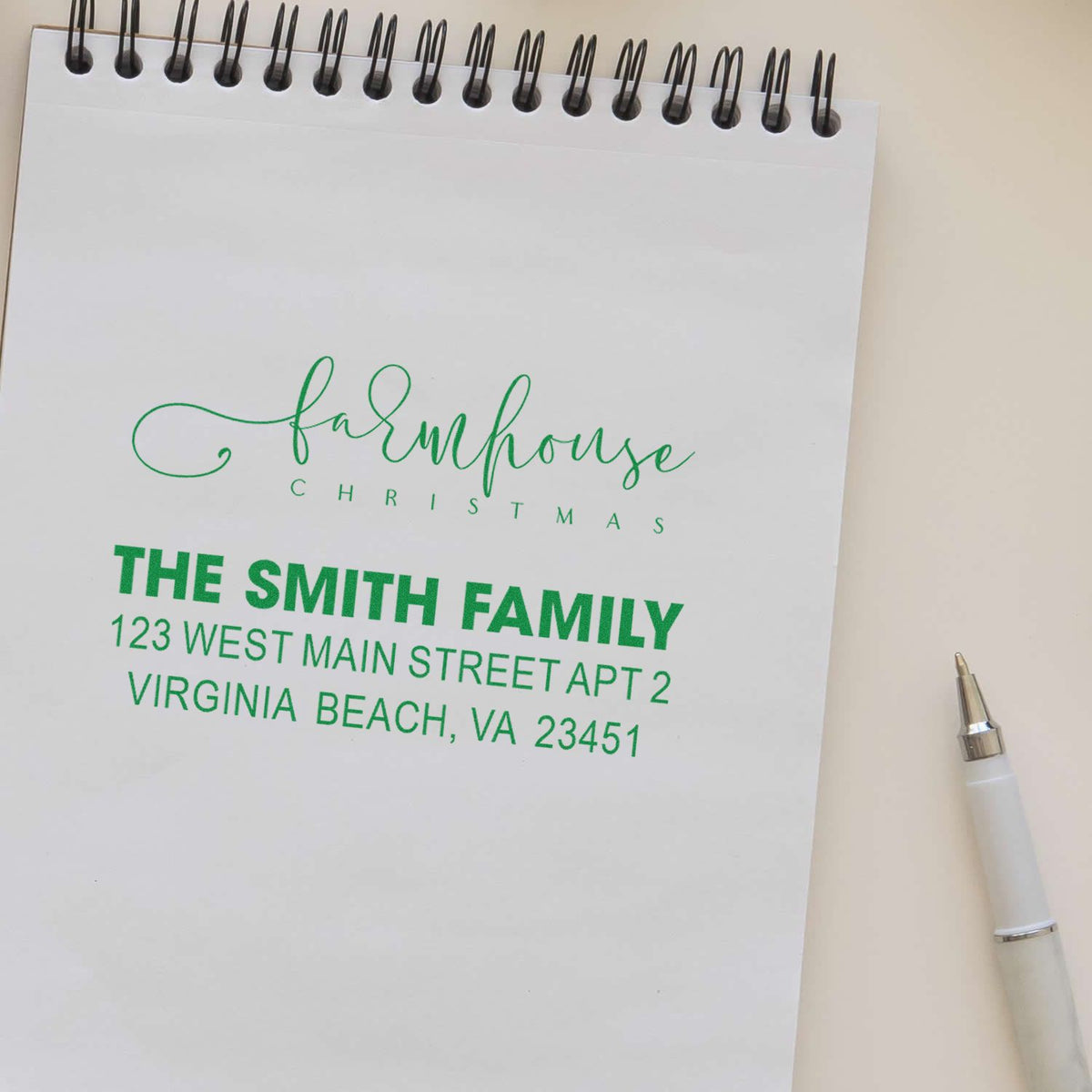 Personalized return address rubber stamp with farmhouse Christmas script for The Smith Family, Virginia Beach, VA.