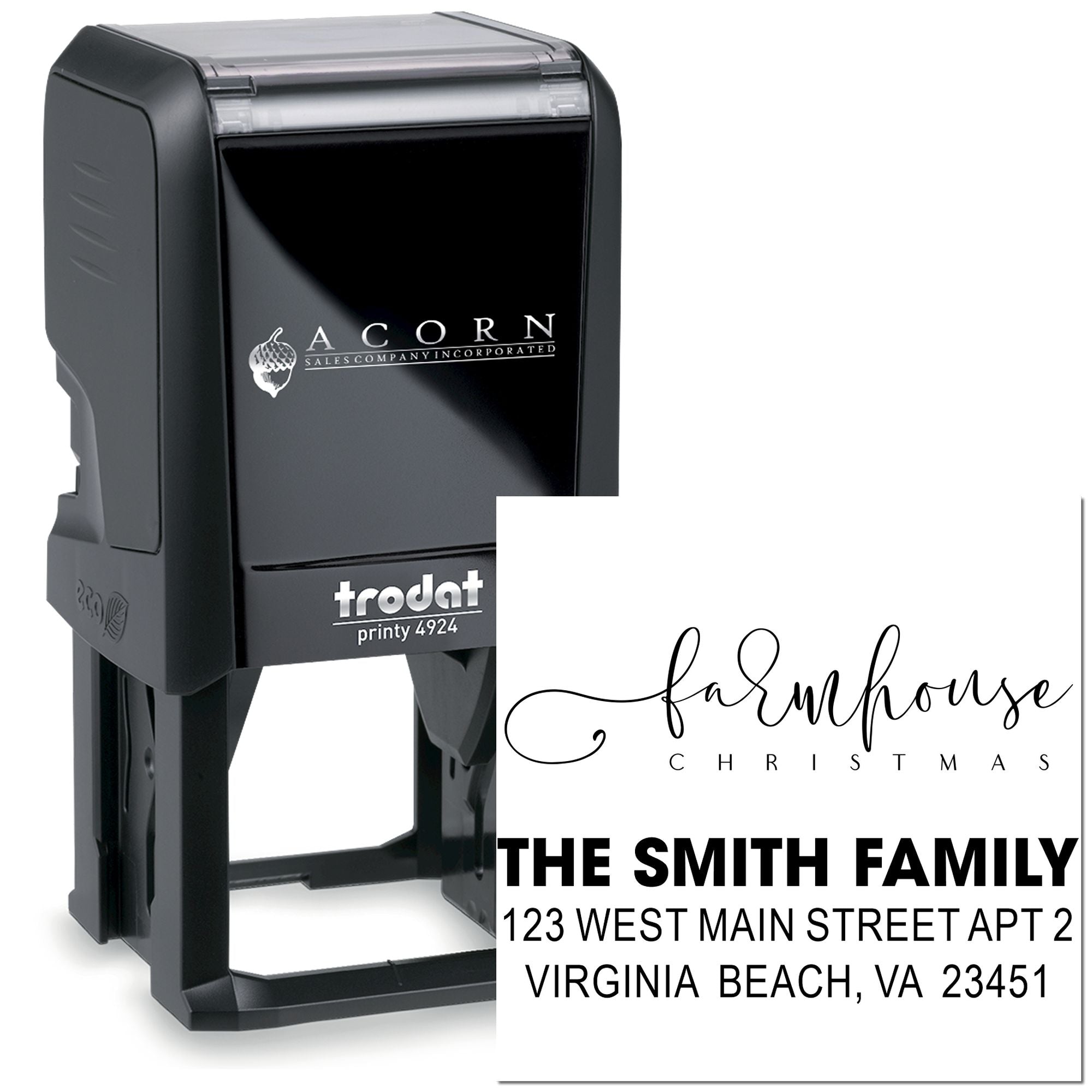 Personalized self-inking rubber stamp with farmhouse Christmas return address design for custom family mailings.