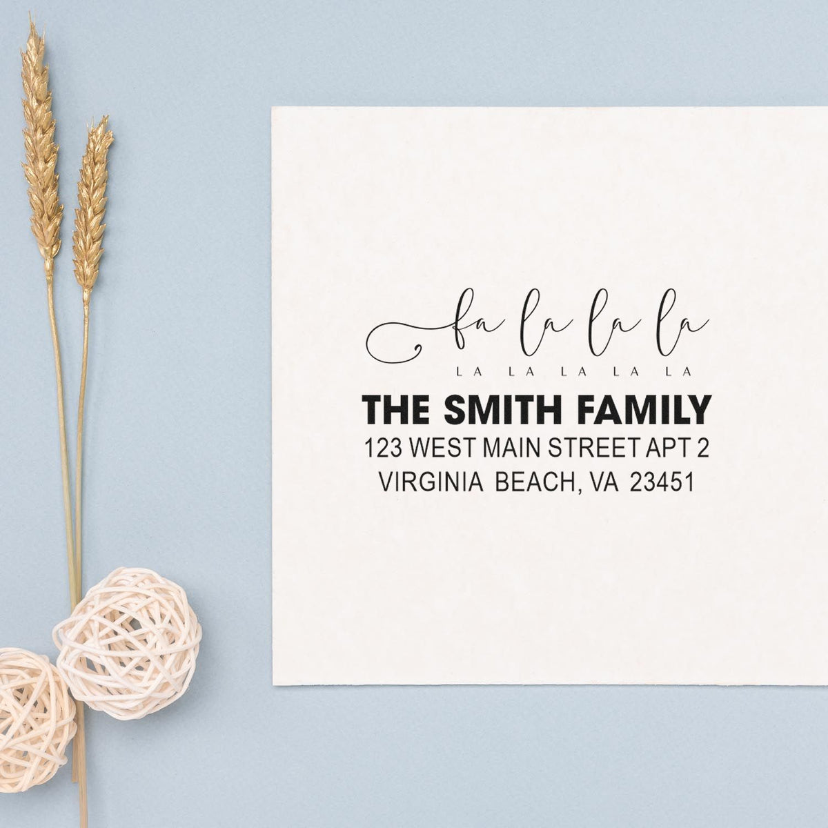 Personalized return address rubber stamp with modern script for The Smith Family holiday cards and envelopes.