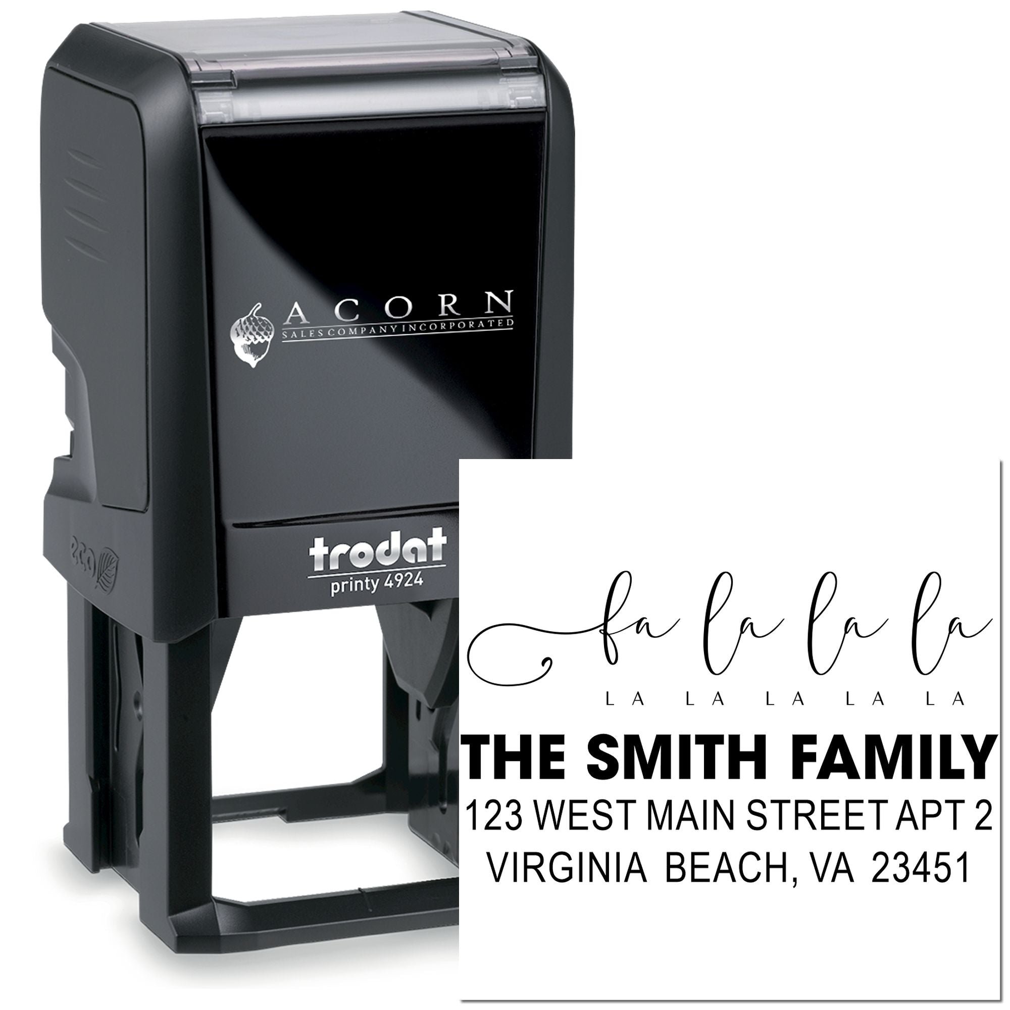 Custom self-inking rubber address stamp, Trodat Printy 4924, with The Smith Family return address imprint.