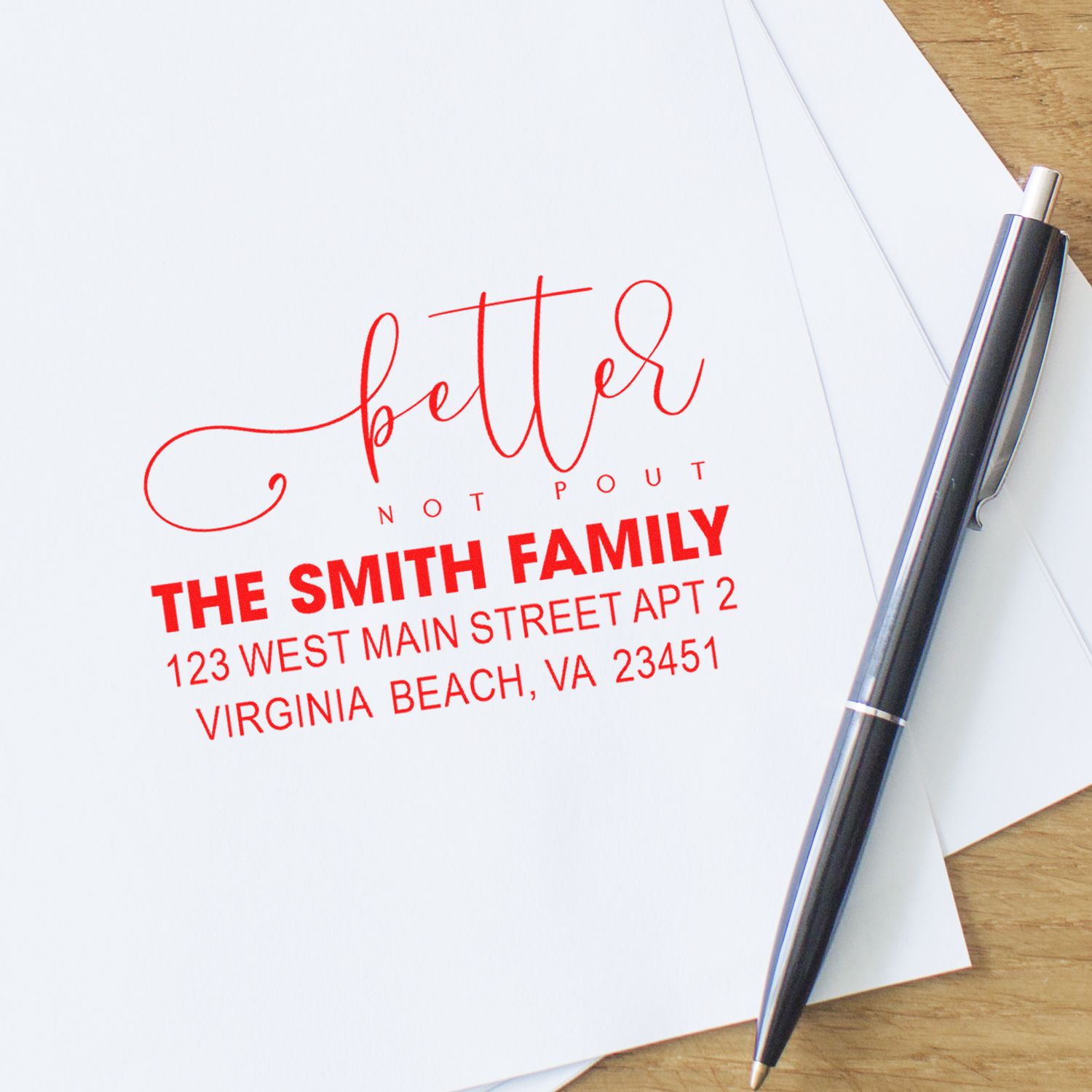 Personalized rubber address stamp with holiday Better Not Pout design for custom Christmas cards and envelopes.