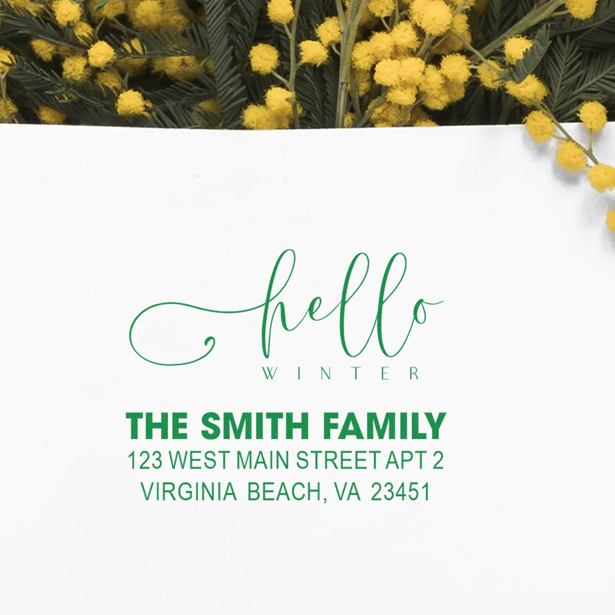 Personalized holiday return address rubber stamp for The Smith Family, Virginia Beach, VA, with Hello Winter design.