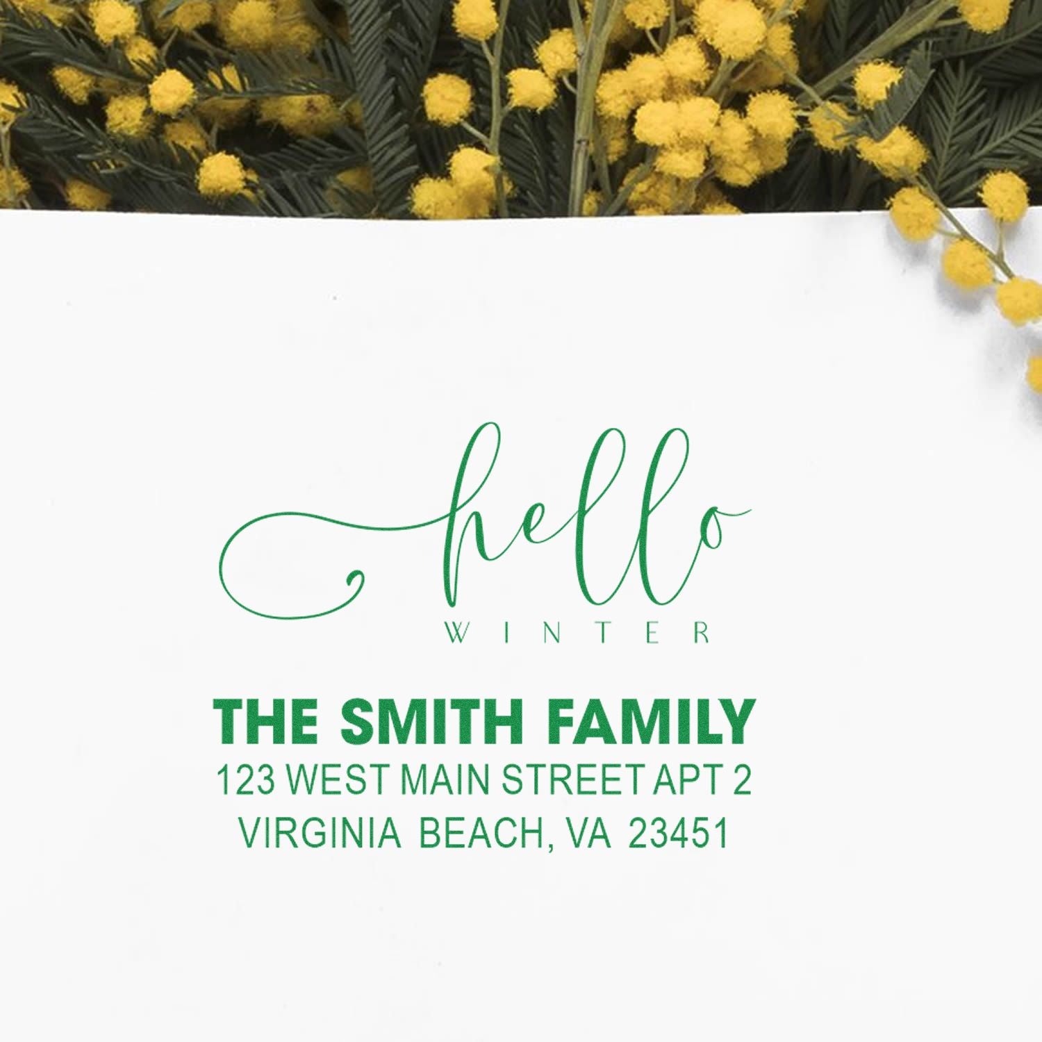 Custom rubber address stamp with Hello Winter greeting for The Smith Family in Virginia Beach, VA.