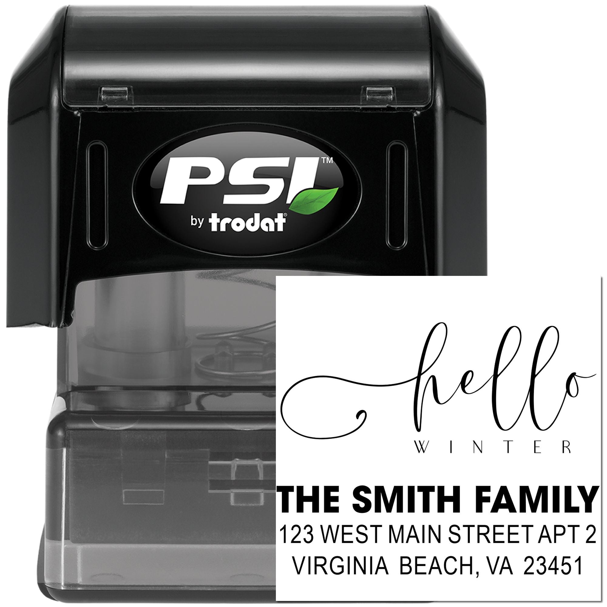 Custom self-inking rubber stamp by PSI Trodat for address labeling, featuring hello winter and the Smith family return address.