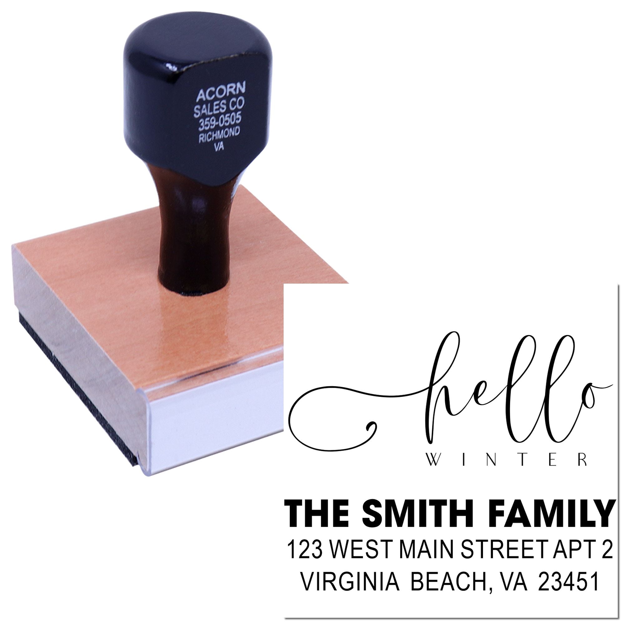 Personalized address rubber stamp with hello winter script for holiday cards and envelopes.