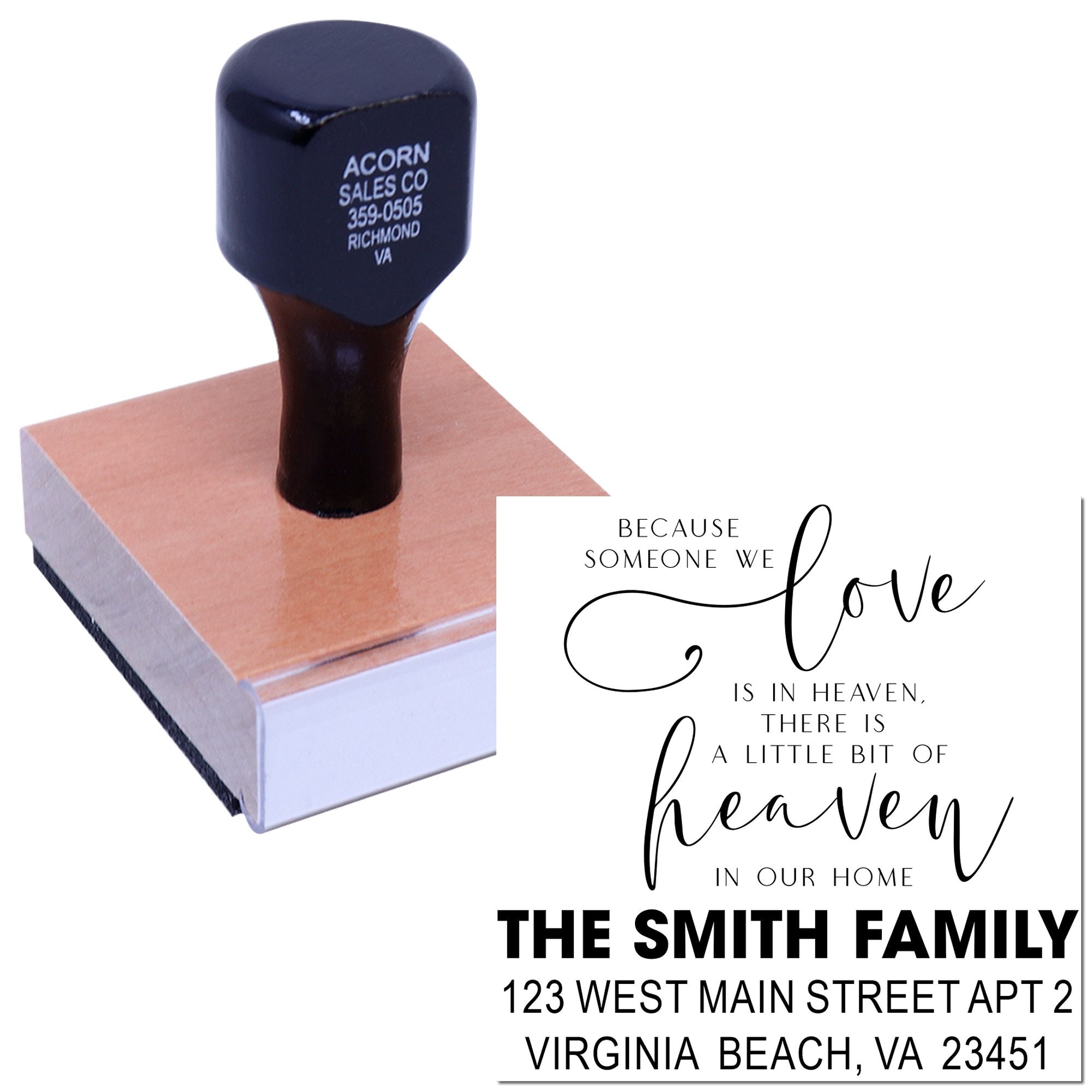 Personalized rubber address stamp featuring memorial quote, family name, and Virginia Beach address for sympathy cards.