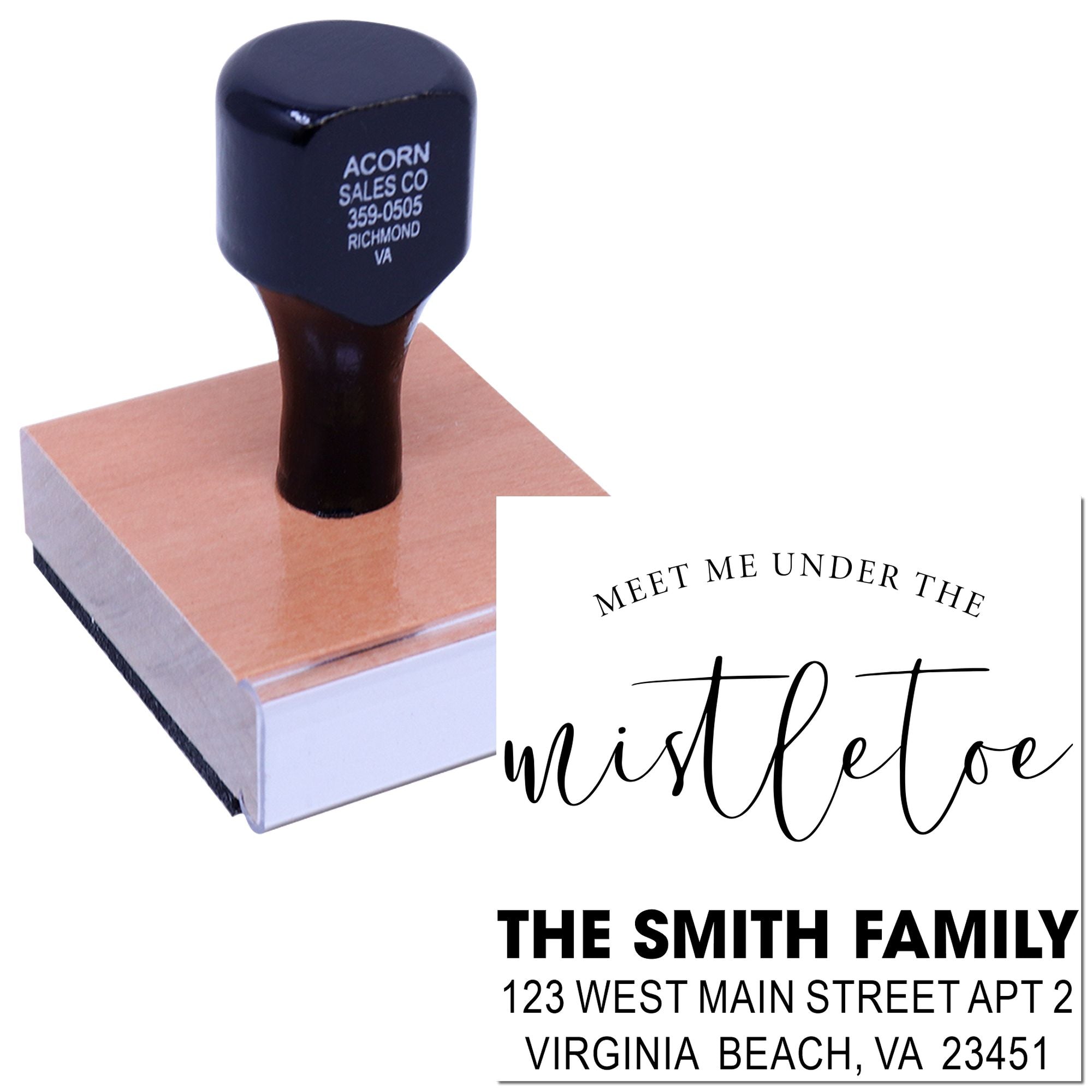Custom rubber address stamp with Meet Me Under the Mistletoe and The Smith Family return address for holiday cards.