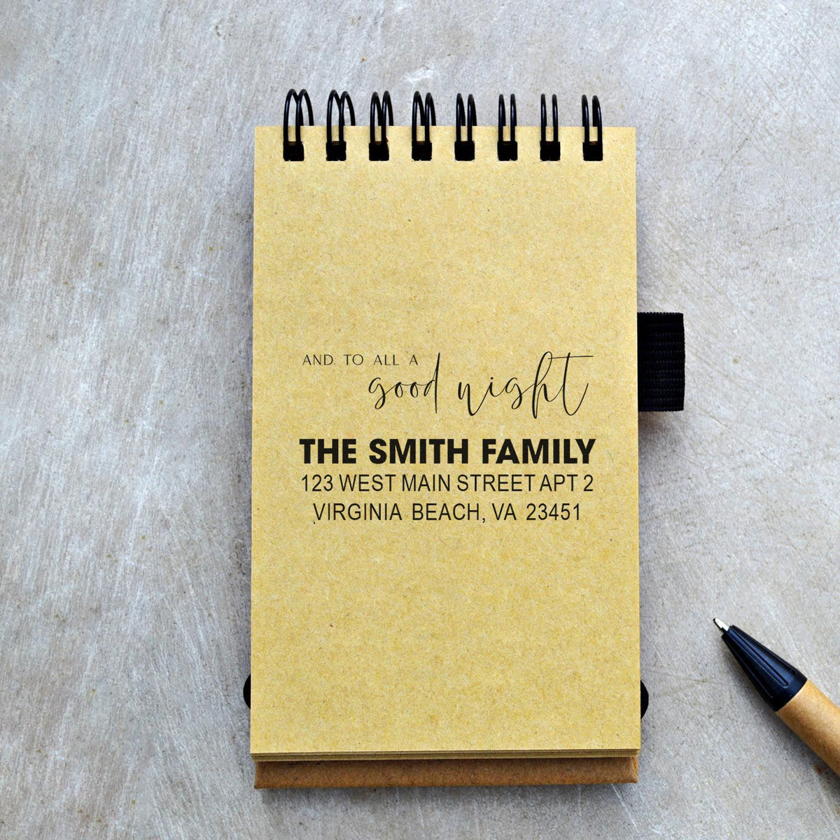 Custom Christmas return address rubber stamp for The Smith Family, featuring And to all a good night.