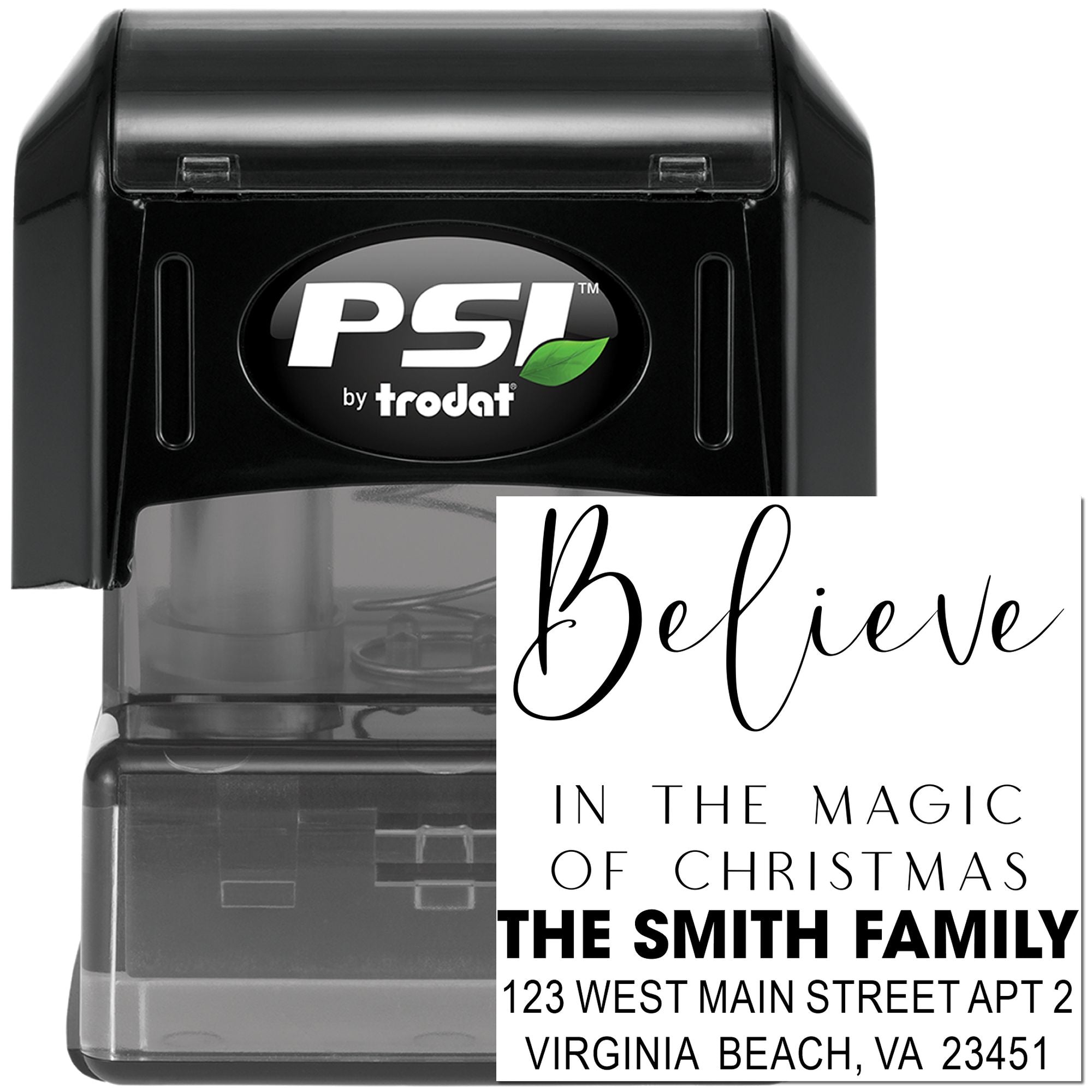 Custom PSI by Trodat rubber stamp with holiday return address design, Believe in the Magic of Christmas, for The Smith Family.