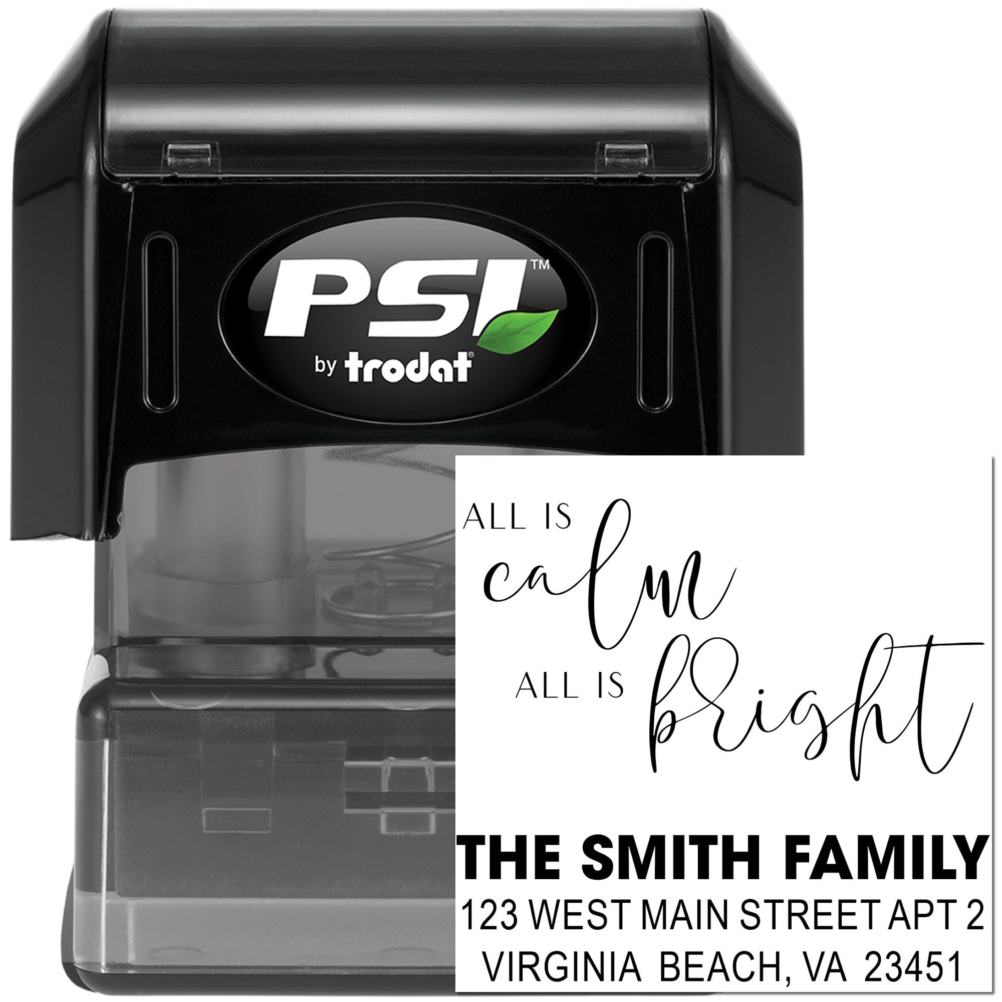 PSI by Trodat self-inking rubber stamp with custom return address and All Is Calm, All Is Bright design