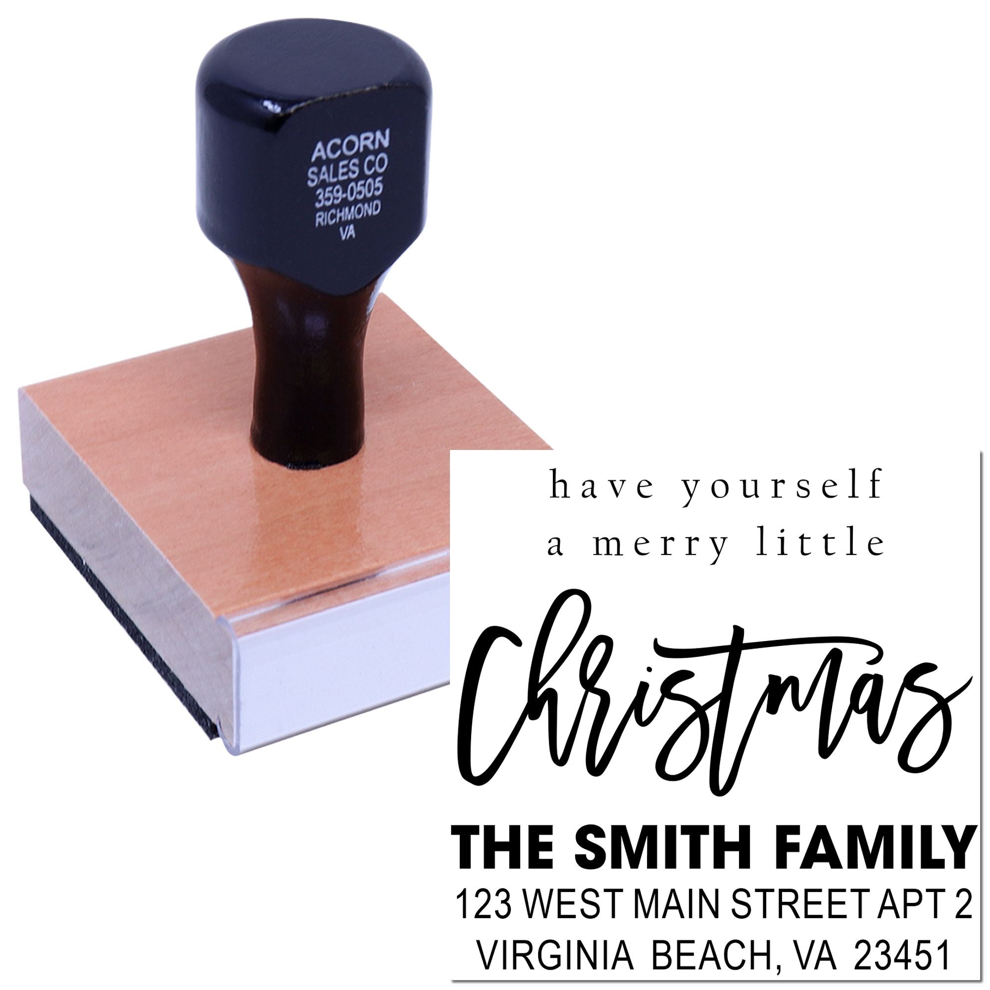 Custom Christmas rubber stamp with holiday greeting and personalized return address for festive cards and mailings.