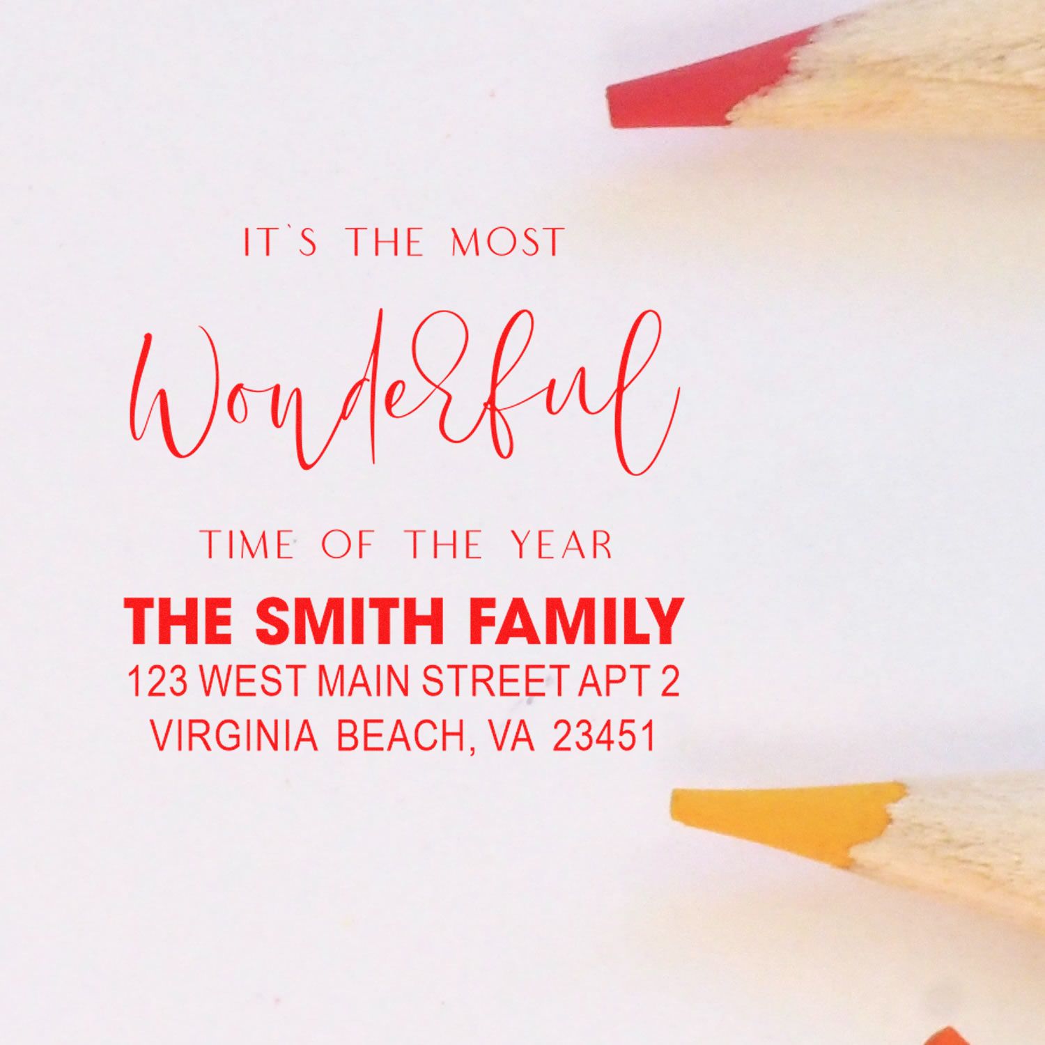 Custom family return address rubber stamp for holiday cards, featuring Its the most wonderful time of the year.
