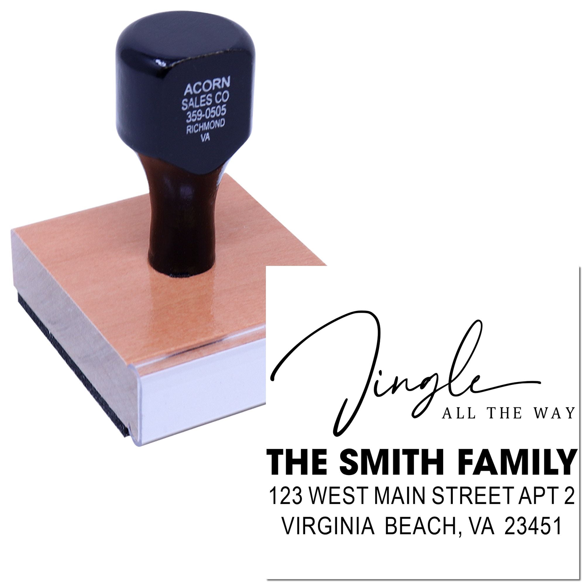 Custom family address rubber stamp for holiday cards, featuring Jingle all the way and Smith family Virginia Beach address.