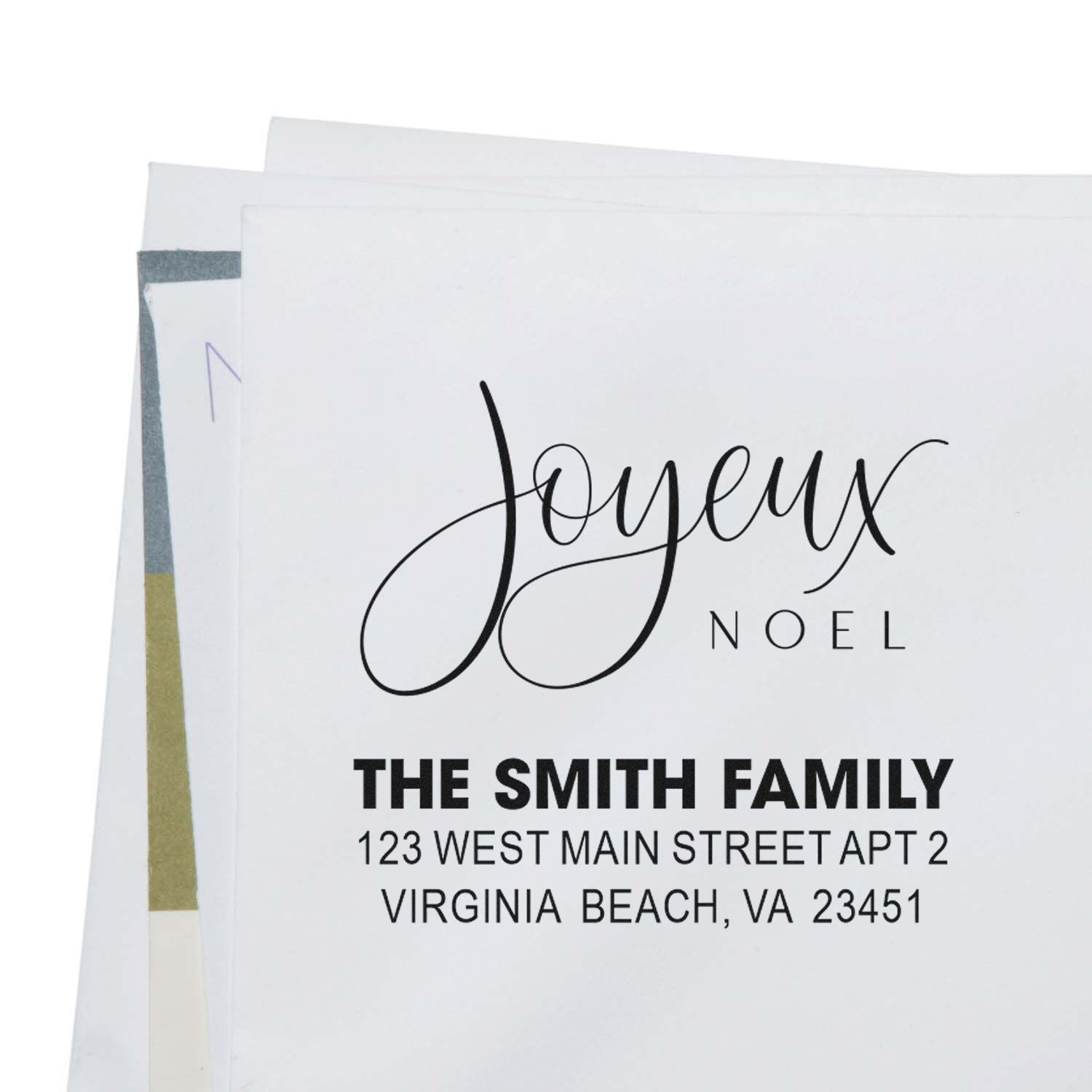 Custom holiday return address rubber stamp with Joyeux Noel design for personalized Christmas envelopes