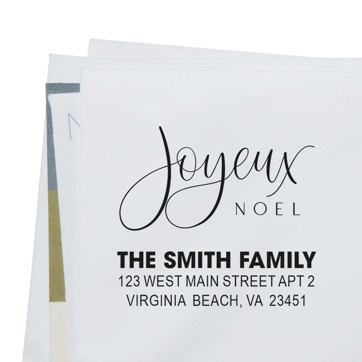 Custom holiday return address rubber stamp with Joyeux Noel design for The Smith Family, Virginia Beach, VA.