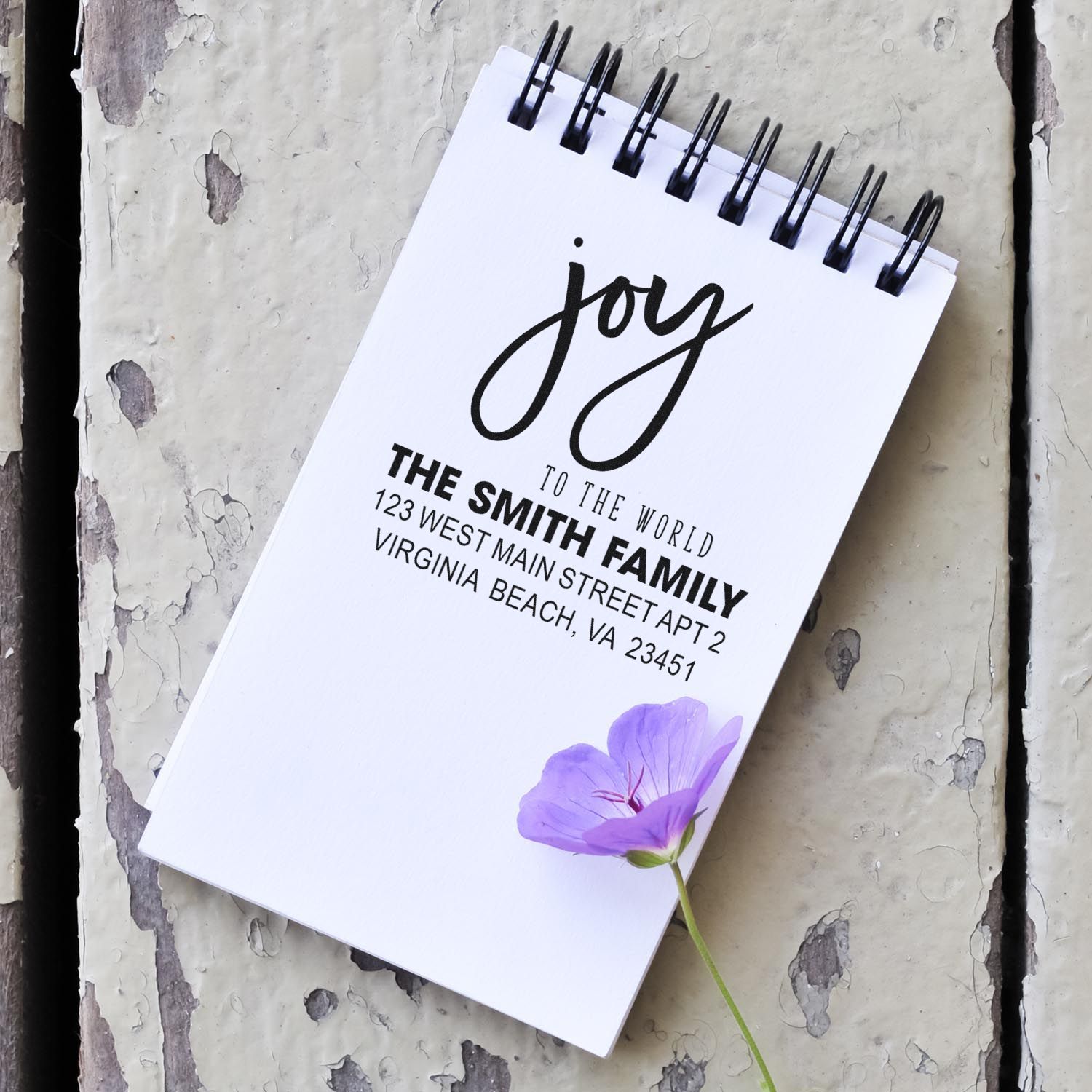 Personalized return address rubber stamp with monogram joy for The Smith Family, ideal for wedding and holiday mail.