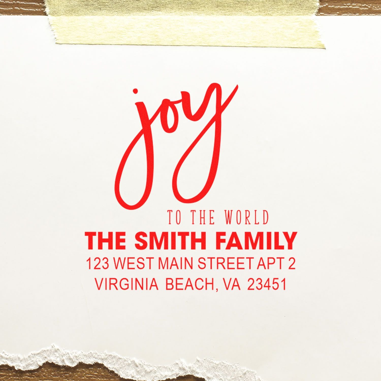 Personalized holiday return address rubber stamp with Joy to the World for The Smith Family, Virginia Beach, VA.