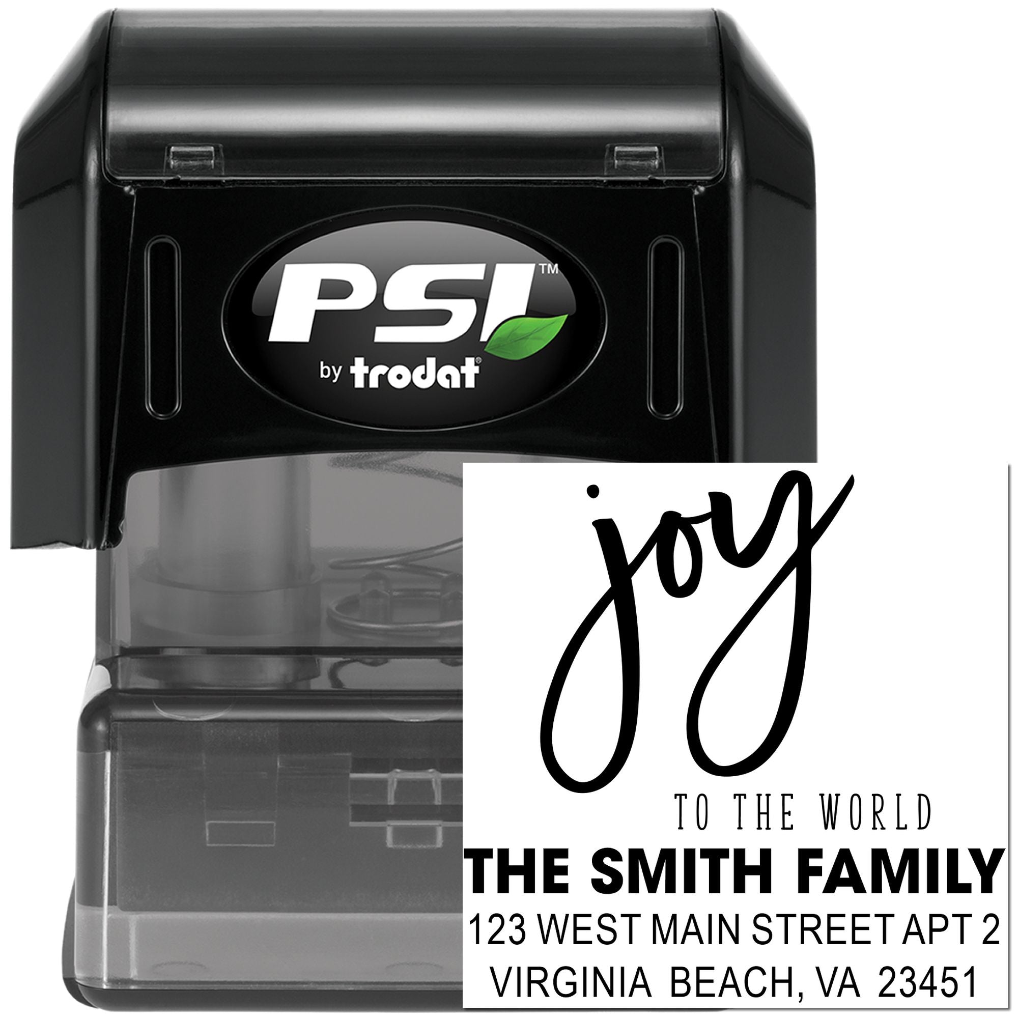 Custom self-inking PSI by Trodat address stamp featuring Joy to the World and The Smith Family return address.