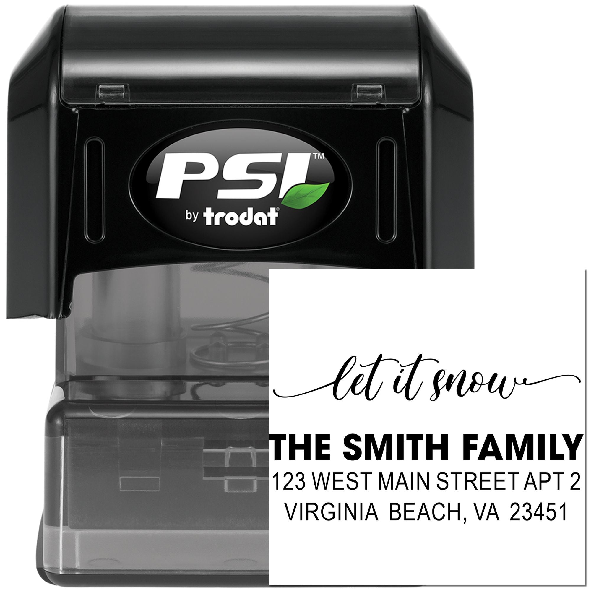 Custom self-inking rubber stamp by PSI Trodat with let it snow and family address for holiday mailings.