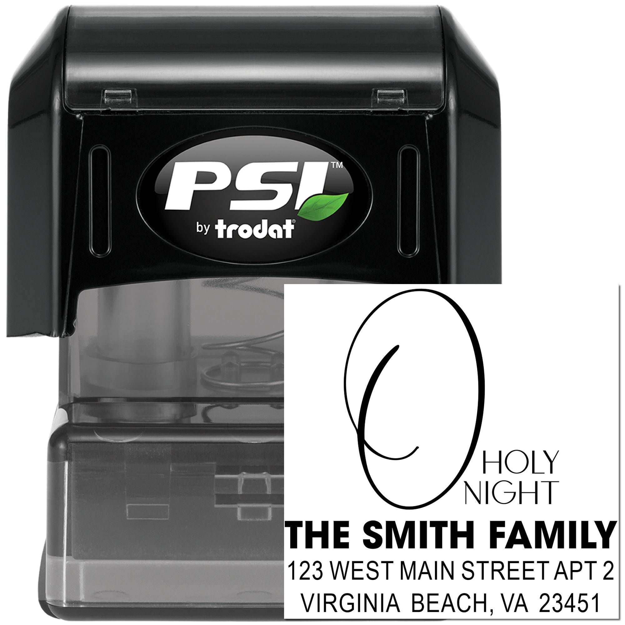 Personalized self-inking return address rubber stamp by PSI Trodat, with holiday family imprint for envelopes and cards.
