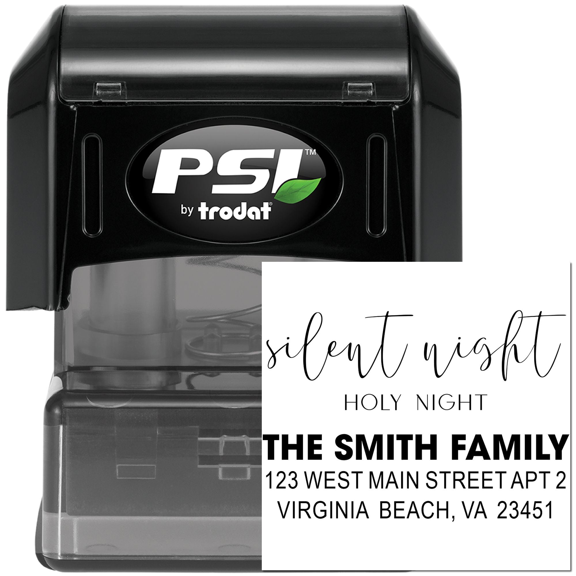 PSI Trodat self-inking rubber stamp with custom return address and Christmas greeting for personalized mail.
