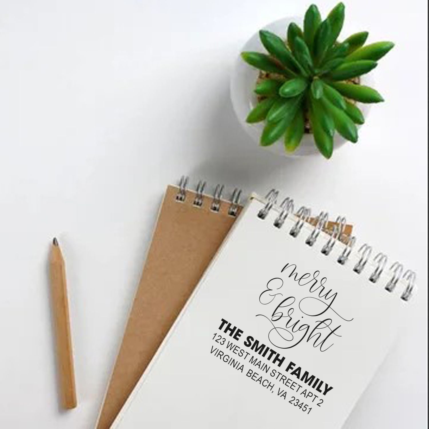 Personalized Merry Bright return address rubber stamp for custom Christmas cards and holiday stationery.
