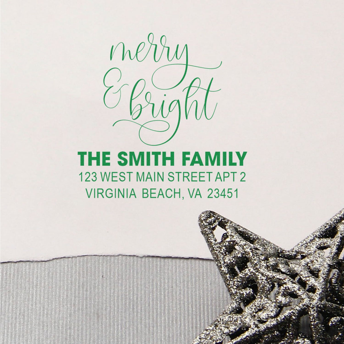 Custom Christmas return address rubber stamp with Merry & Bright script for Smith family holiday cards.