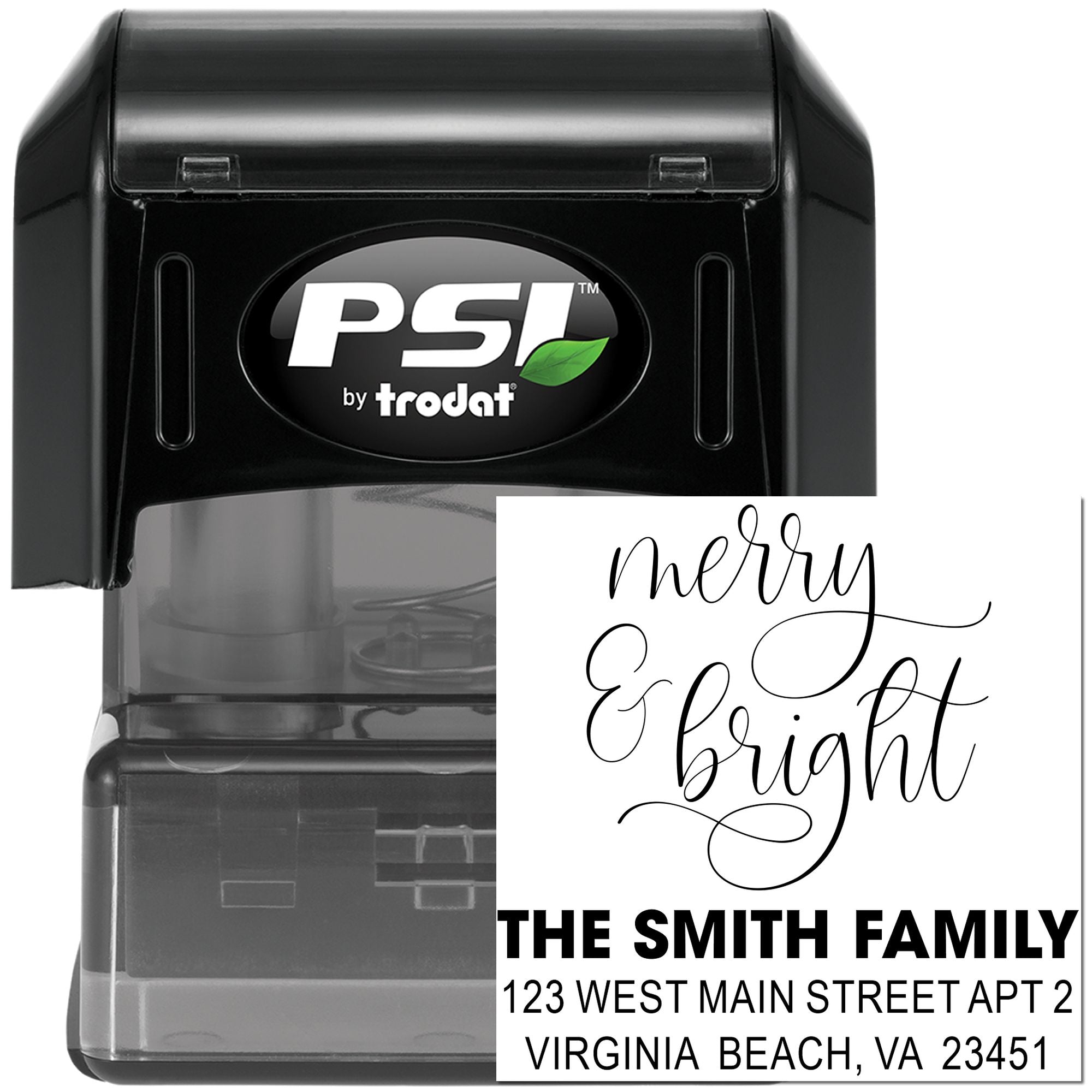 Custom Merry & Bright self-inking address rubber stamp for The Smith Family, PSI by Trodat holiday stamp.