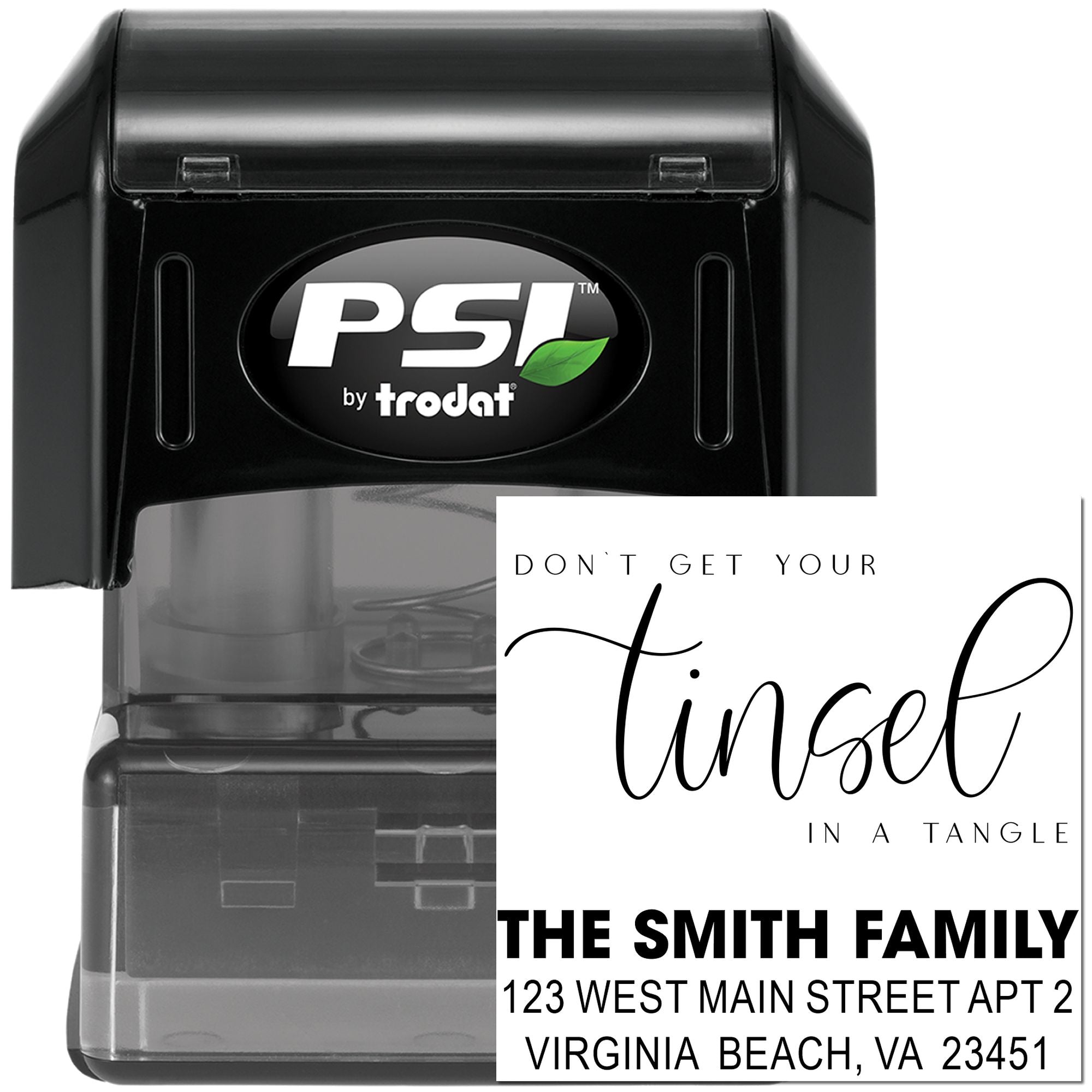PSI by Trodat self-inking rubber address stamp with custom return address and holiday message sample.