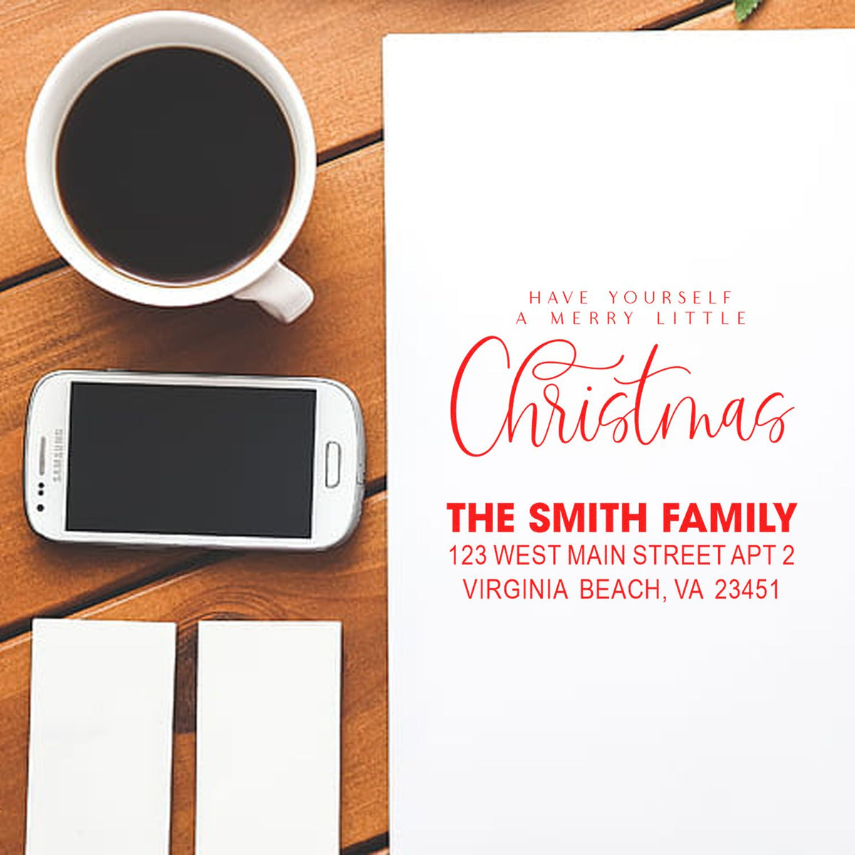 Personalized Christmas return address rubber stamp design with festive family greeting for holiday cards and mailings