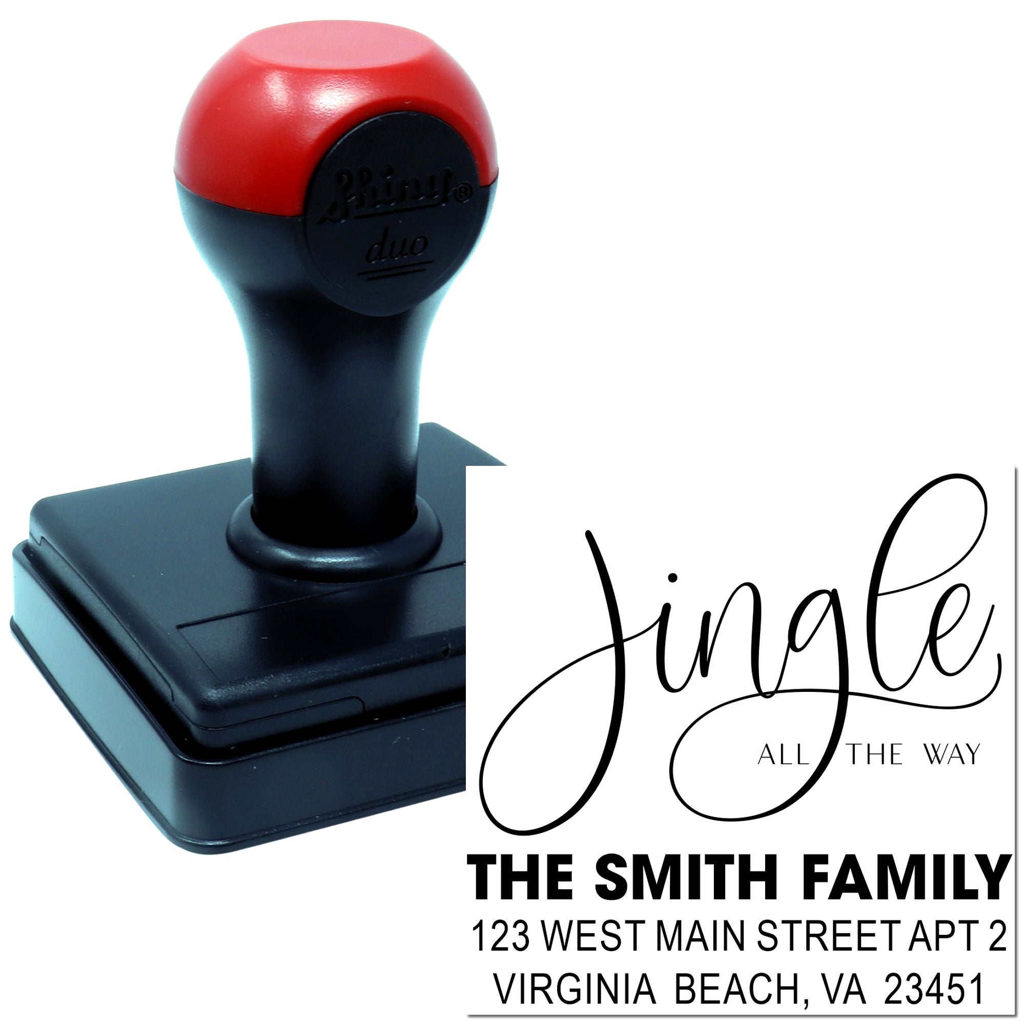 Custom self-inking rubber stamp with Jingle all the way return address design for The Smith Family.
