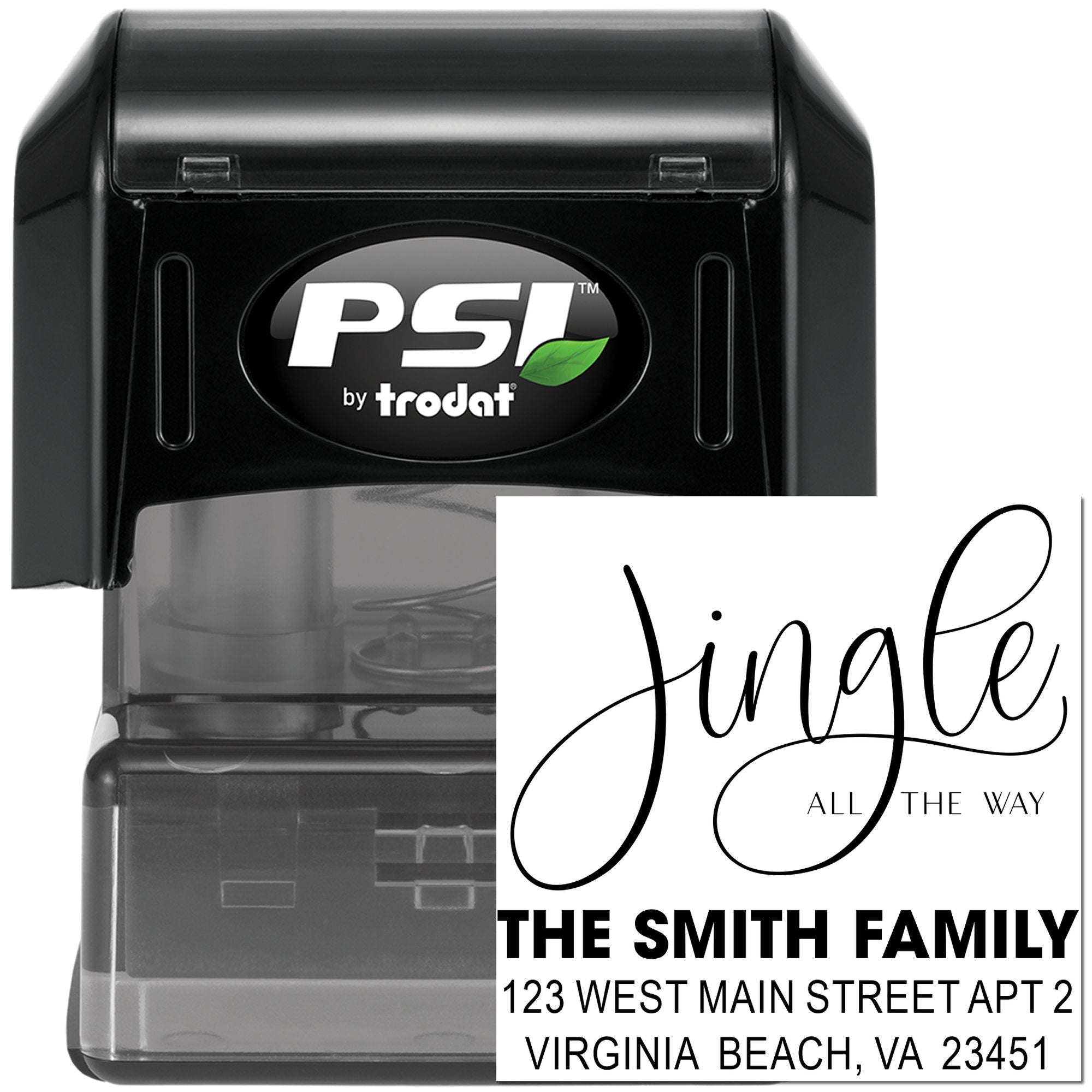 Self-inking custom family address rubber stamp with Jingle all the Way design for holiday cards and mailing.