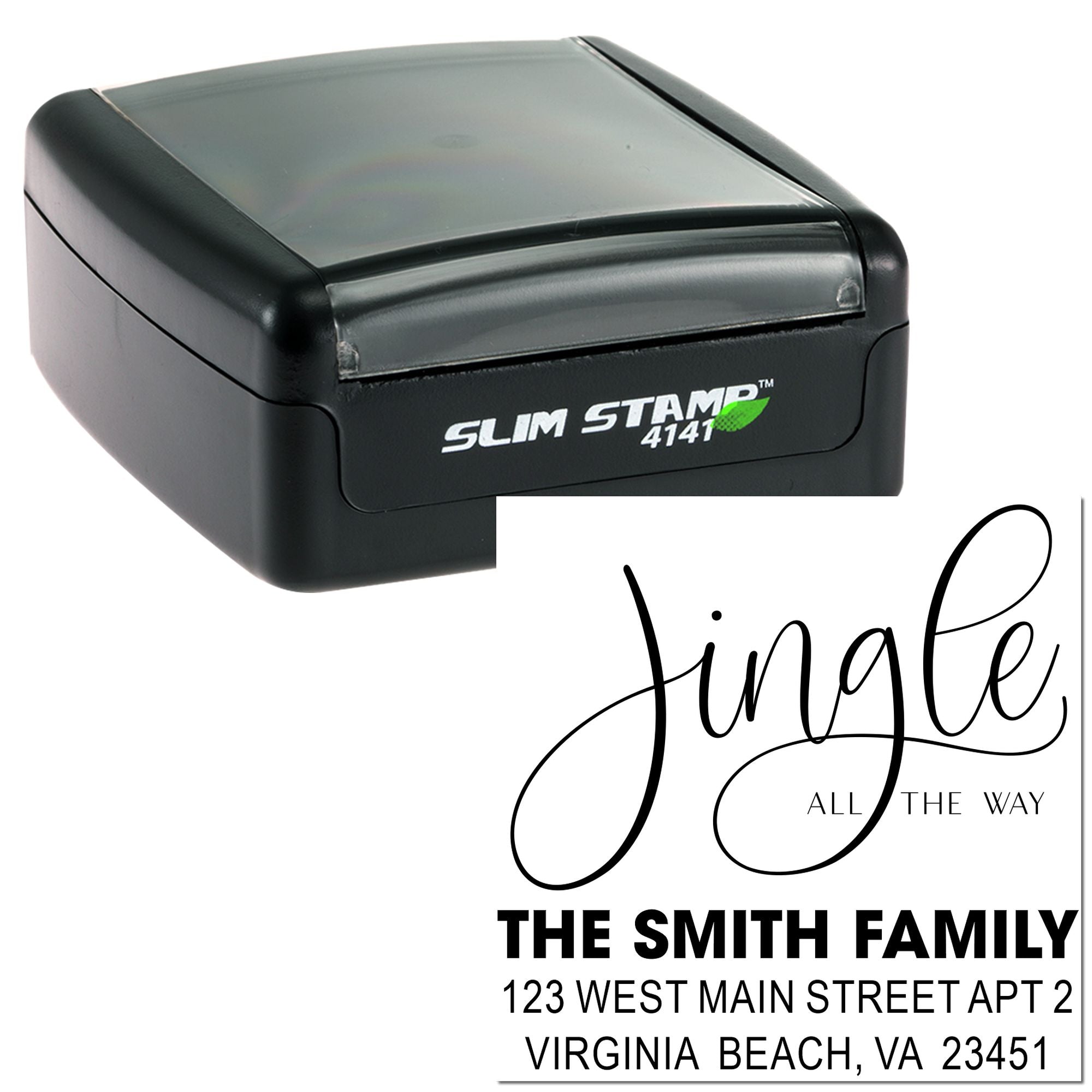Personalized self-inking rubber stamp with holiday return address design for The Smith Family, Virginia Beach, VA.