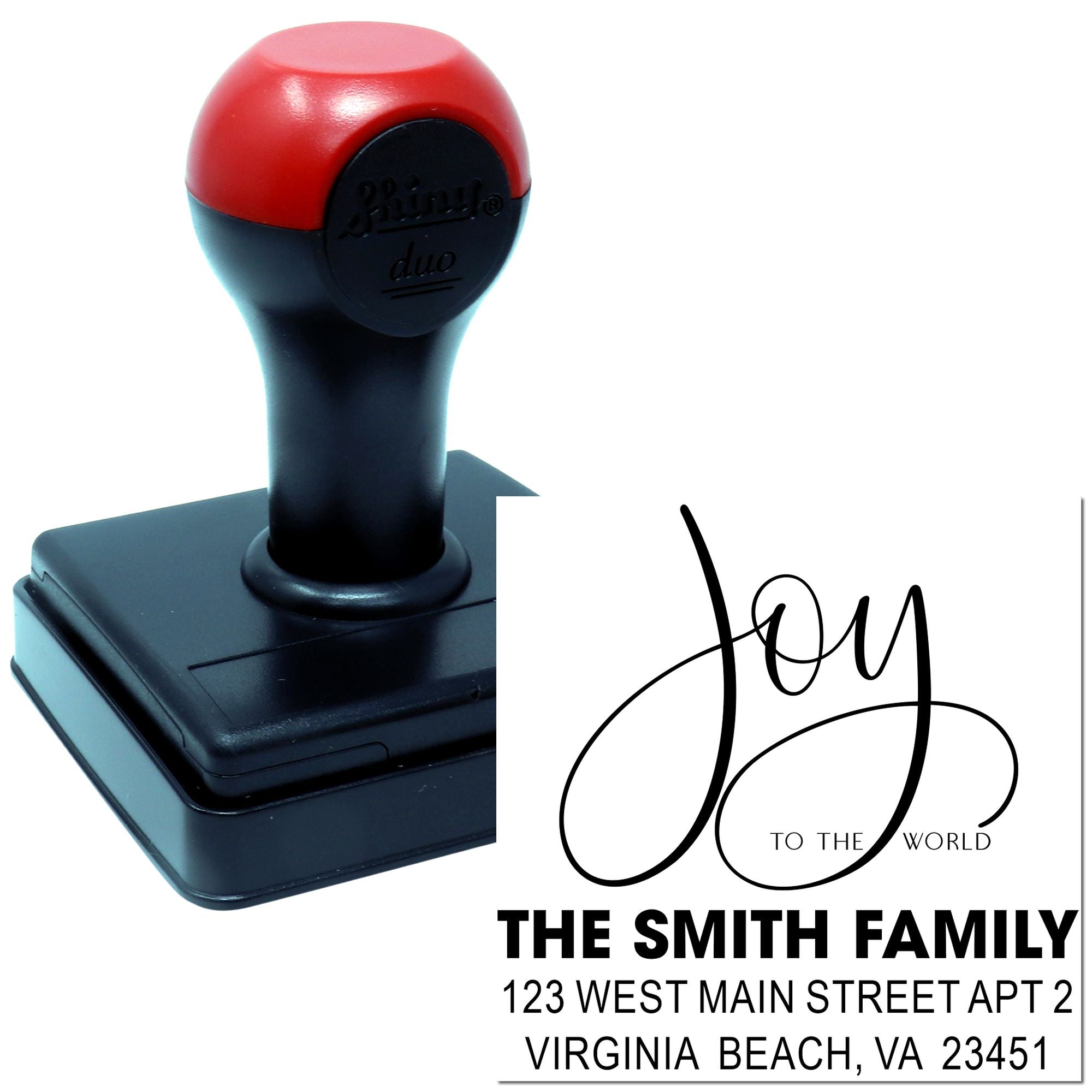Personalized self-inking rubber address stamp with family name, address, and Joy to the World design