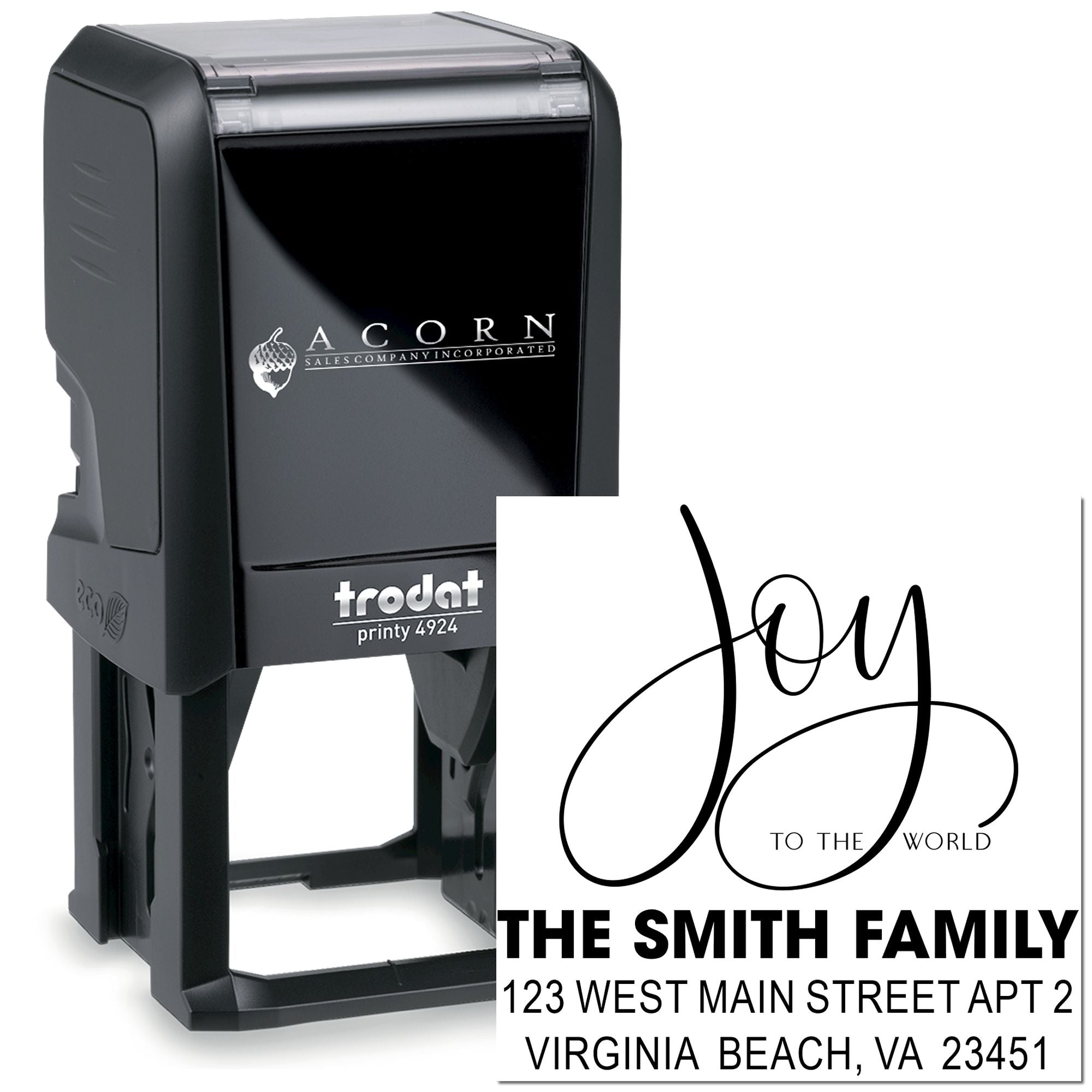 Personalized self-inking rubber stamp with family address design, Trodat Printy 4924, featuring Joy to the World and The Smith Family.