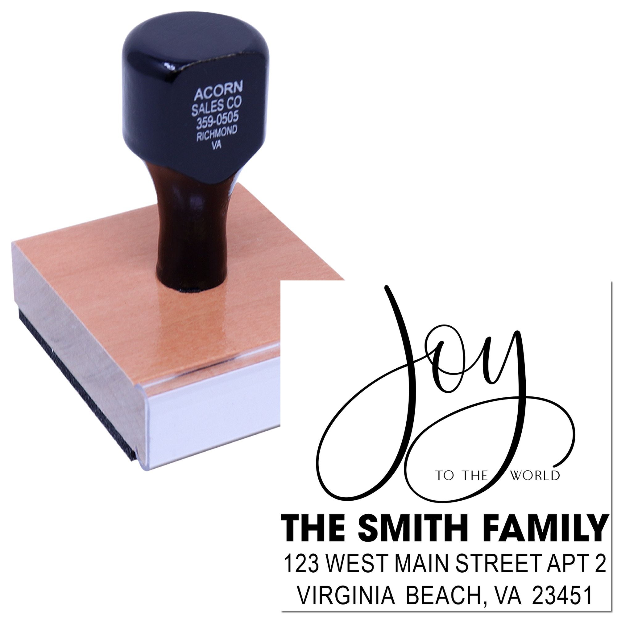 Custom return address rubber stamp with "Joy to the World" design for The Smith Family holiday cards and mailings.
