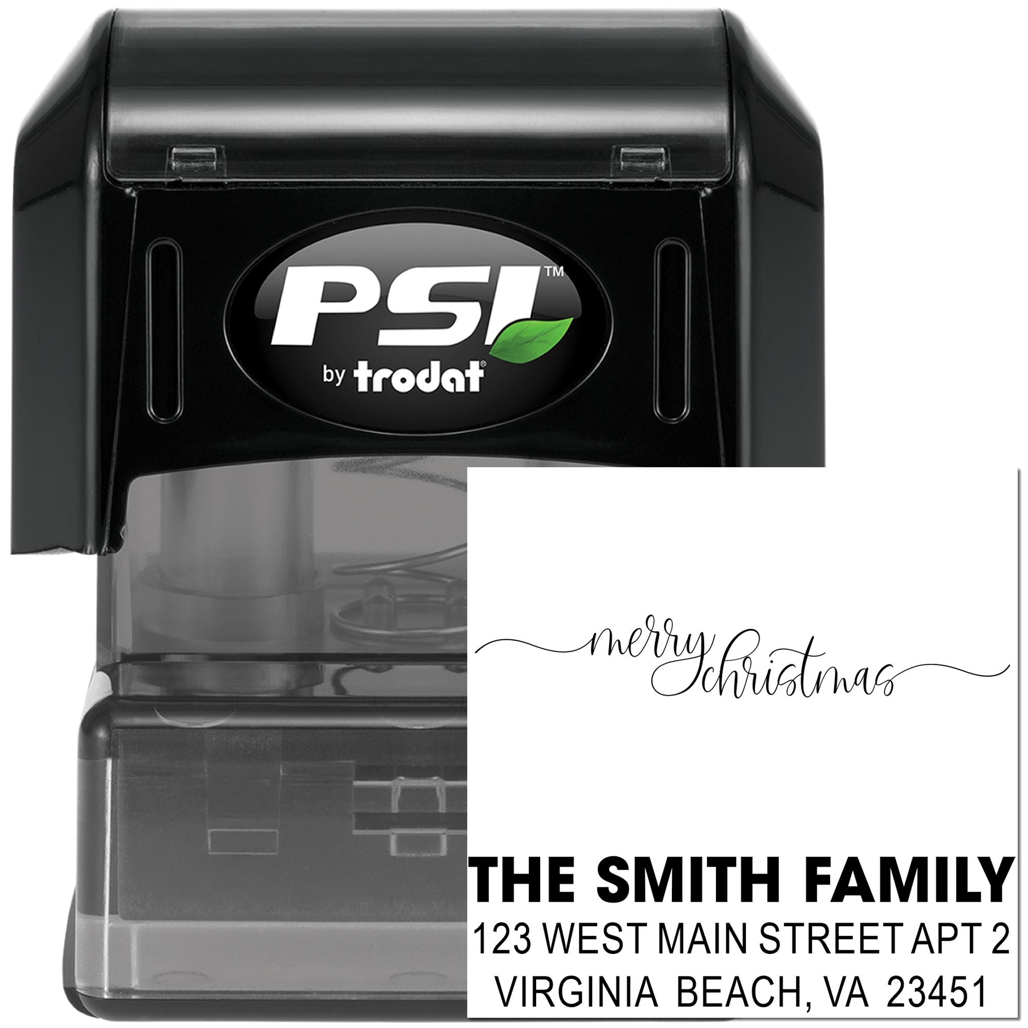 Custom self-inking rubber stamp examples: PSI by Trodat stamper with Merry Christmas and return address stamp designs.