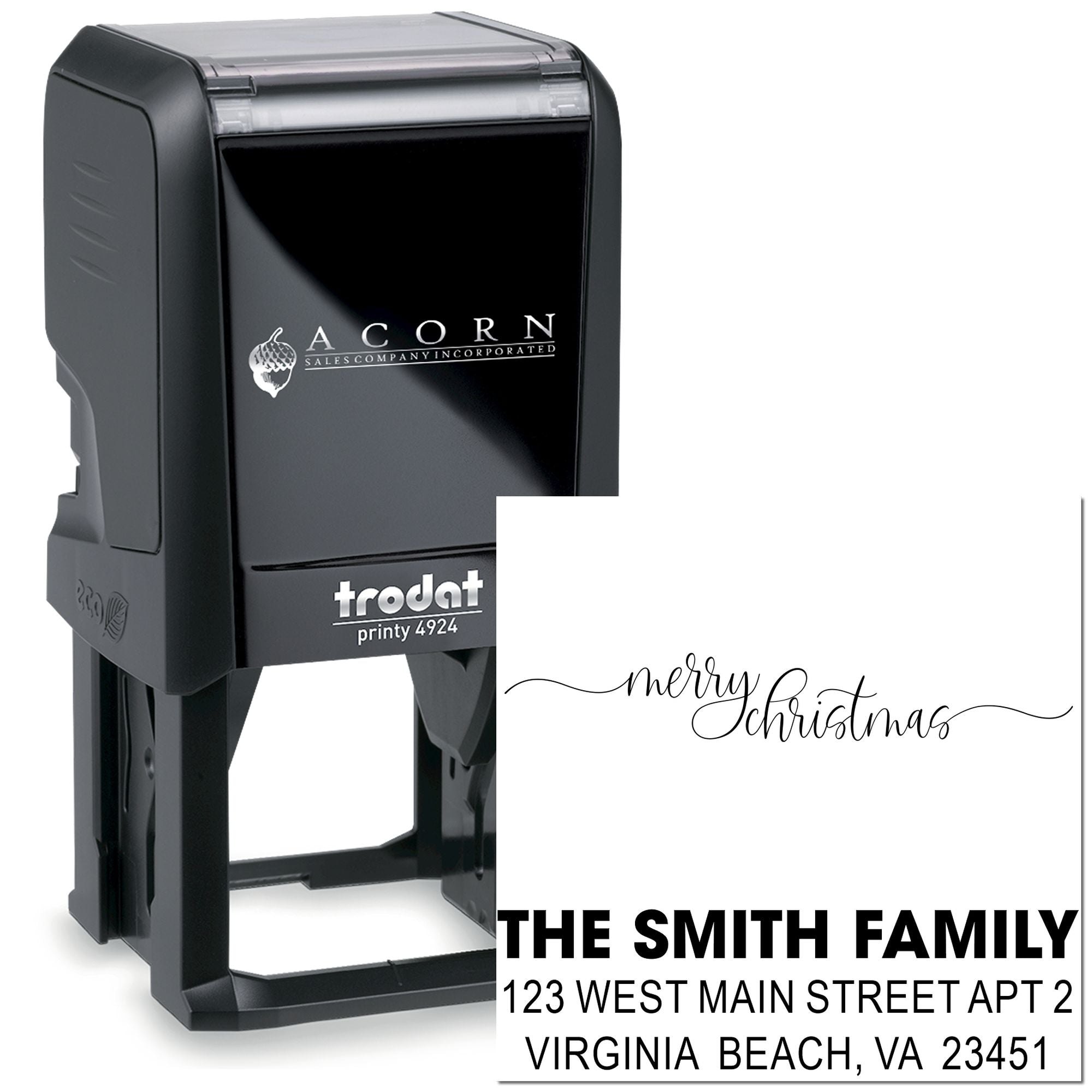 Custom Trodat Printy 4924 self-inking rubber stamp with Merry Christmas script and address stamp design for holiday mailing.