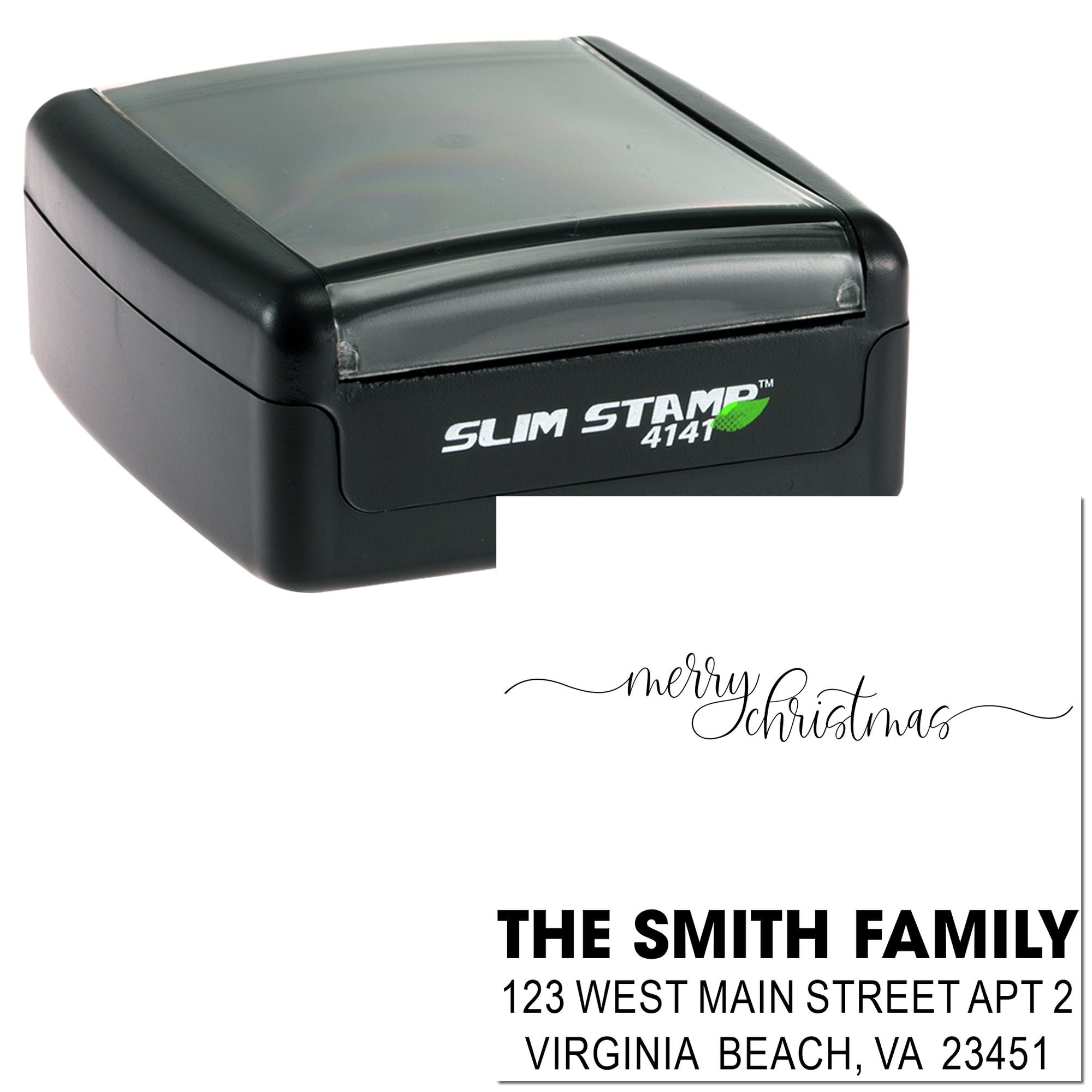 Slim Stamp self-inking rubber stamp with custom Merry Christmas and return address imprint examples for personalized mailing.