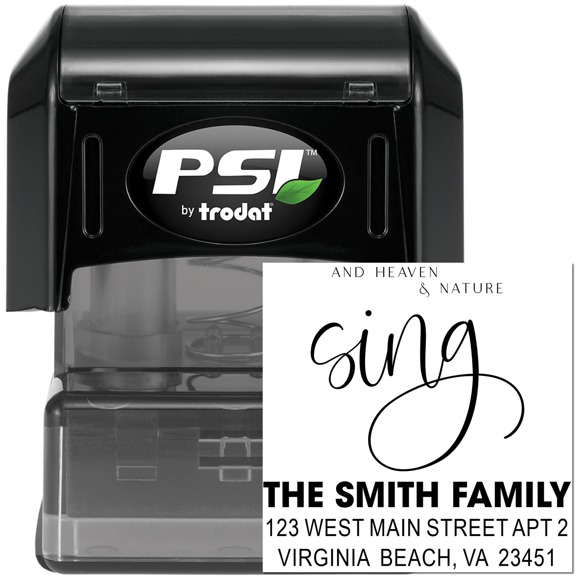 Custom PSI by Trodat self-inking rubber stamp for The Smith Family return address and script name imprint.