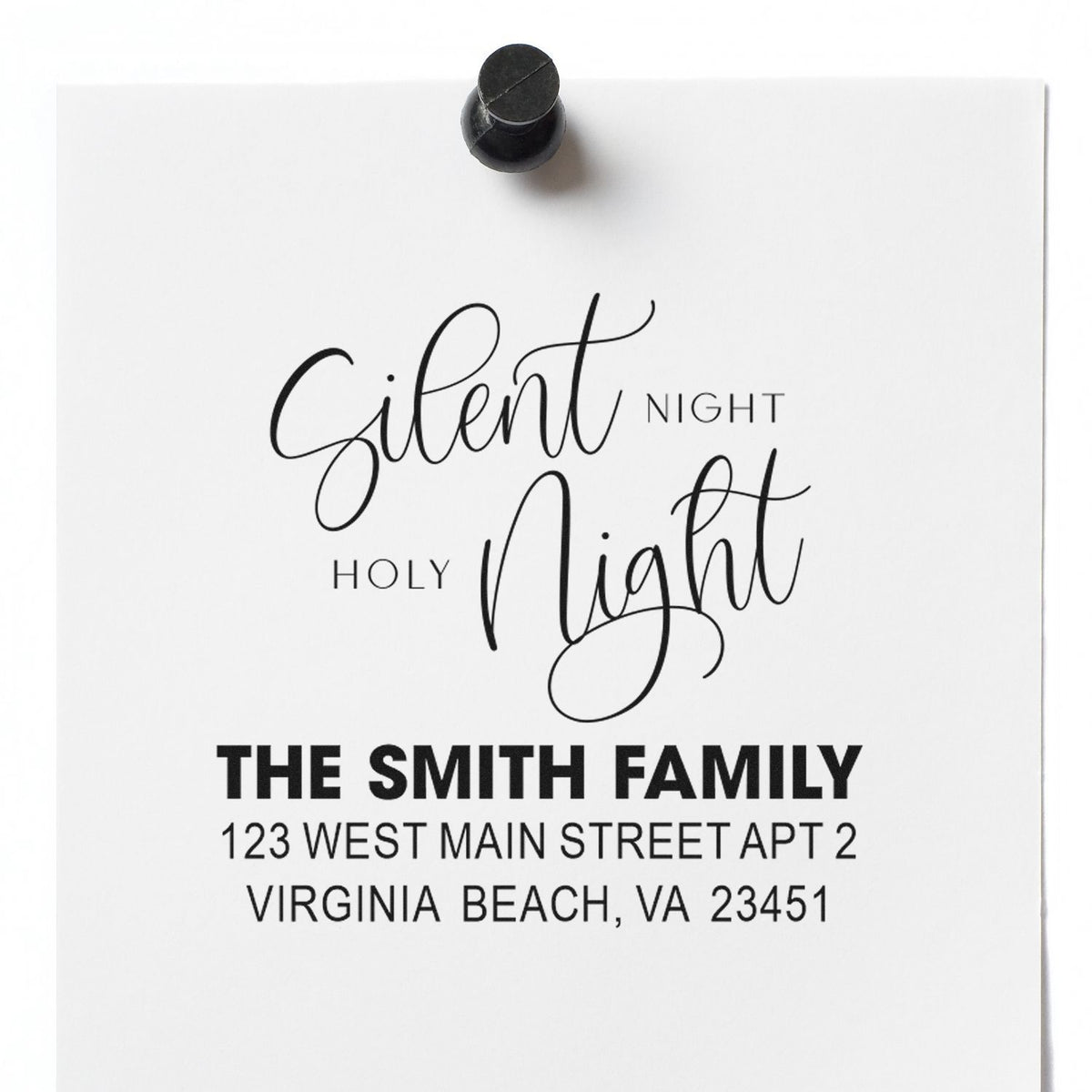 Personalized Christmas rubber stamp with Silent Night Holy Night and return address for holiday envelopes.