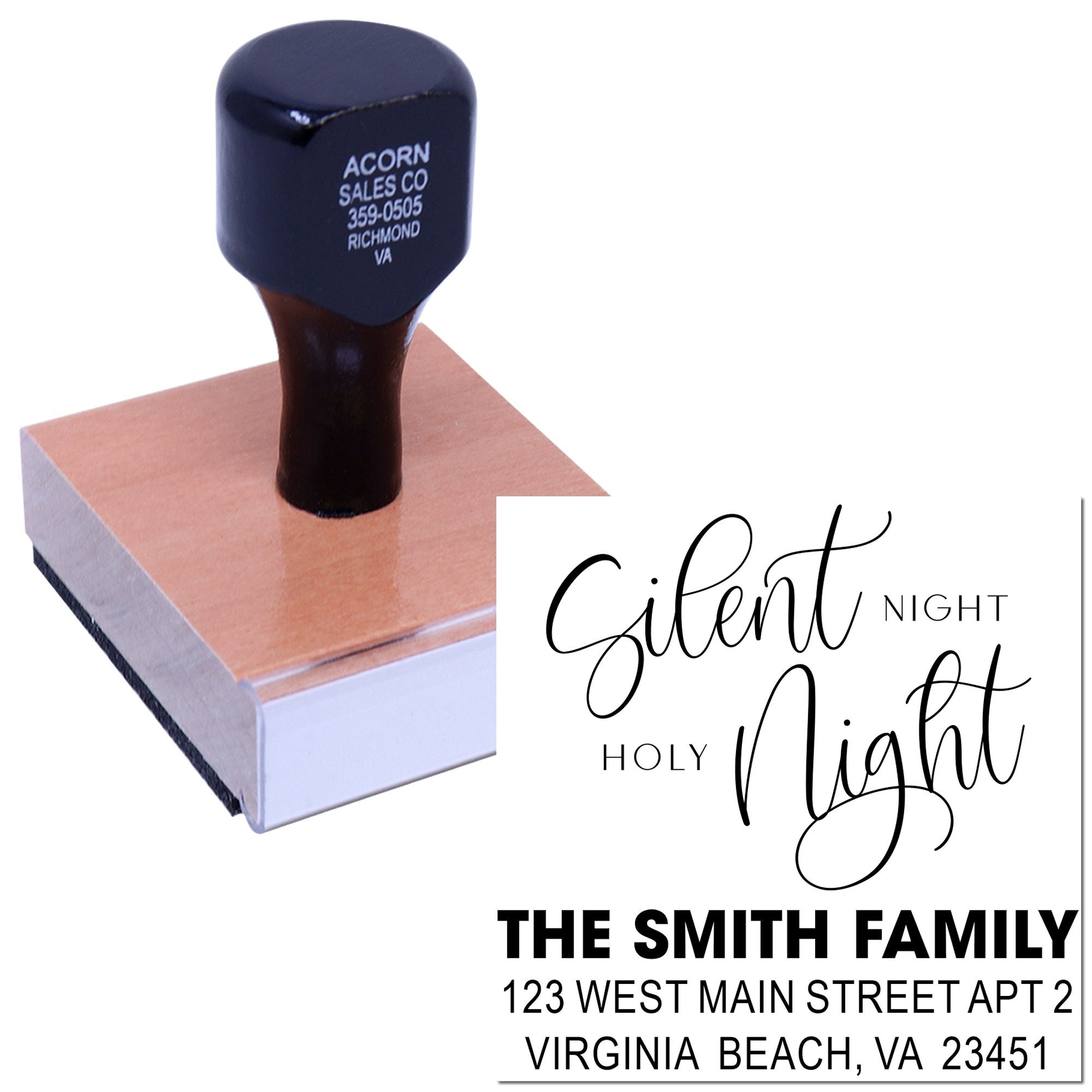 Custom holiday return address rubber stamp with Silent Night, Holy Night for The Smith Family Christmas cards.