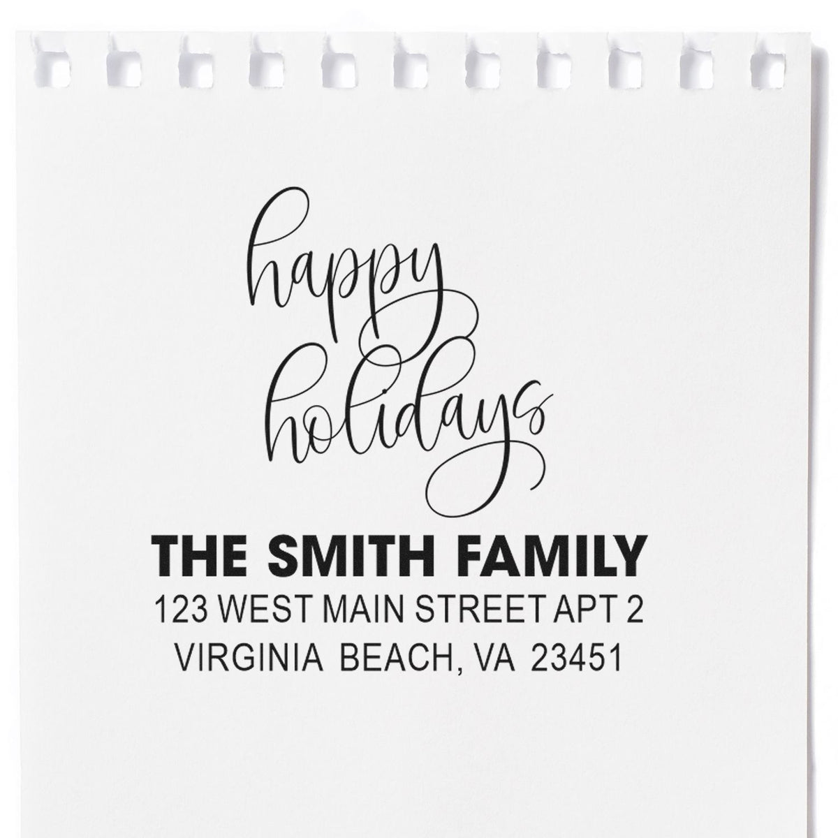 Custom Happy Holidays return address rubber stamp for The Smith Family, Virginia Beach, VA holiday mail personalization
