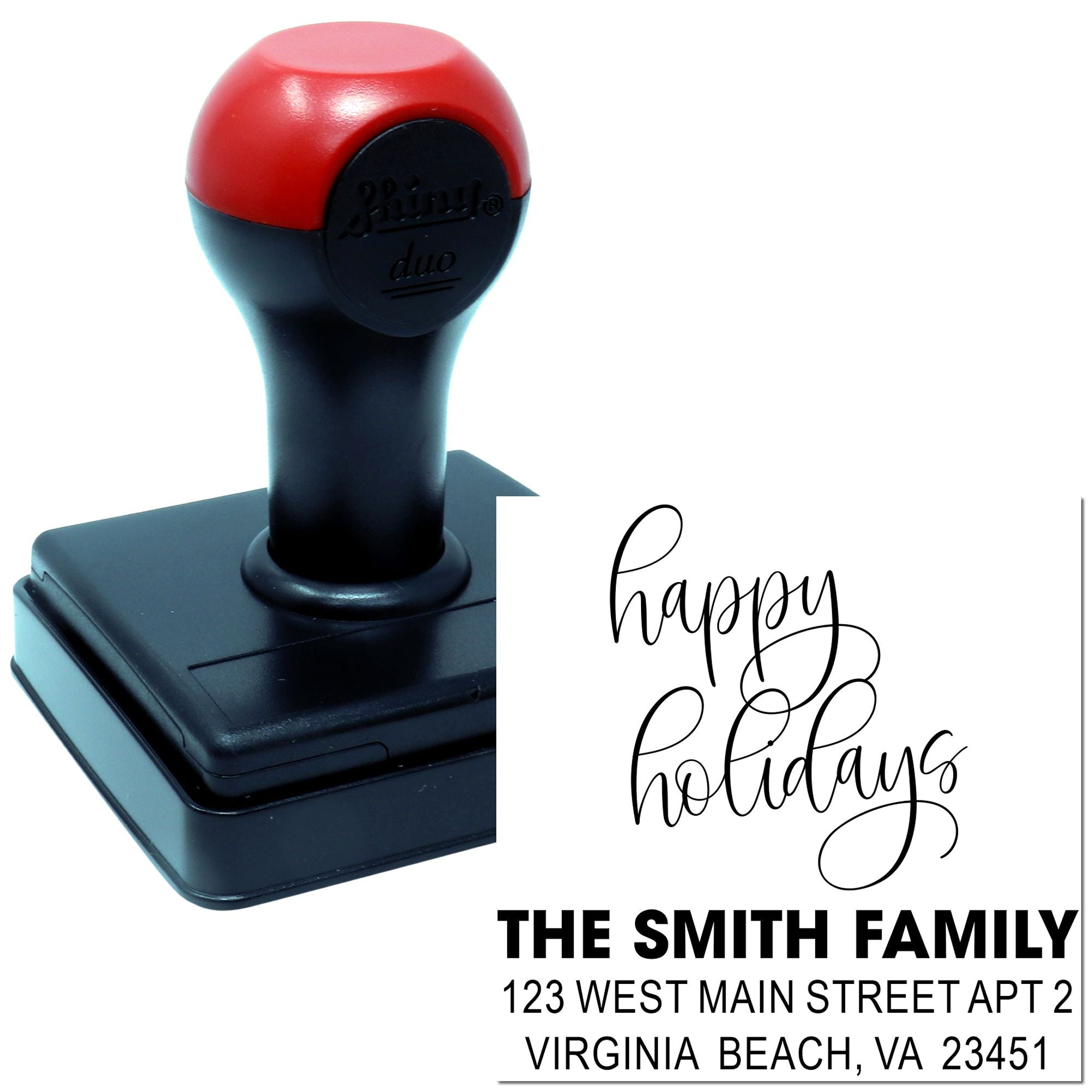 Personalized self-inking return address rubber stamp for holiday cards with Happy Holidays and Smith family address.