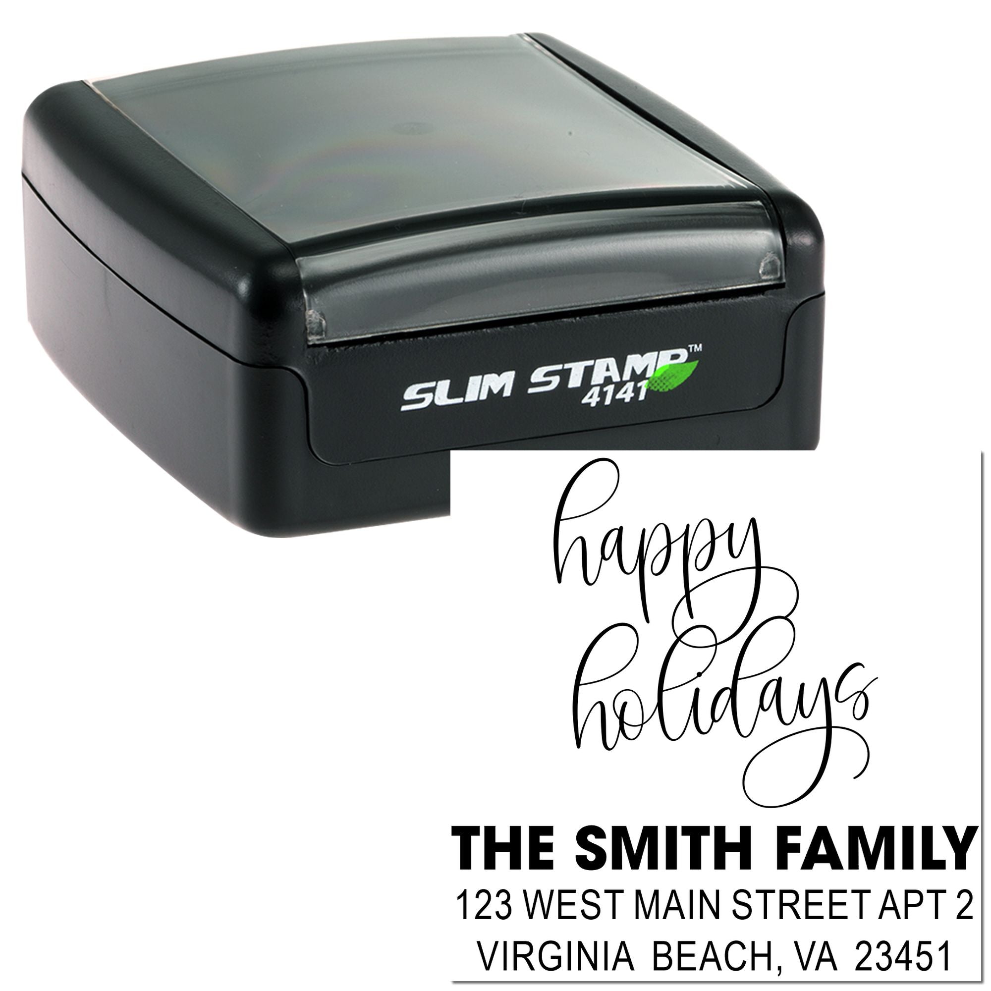 Personalized slim self-inking rubber stamp with Happy Holidays design and The Smith Family return address.