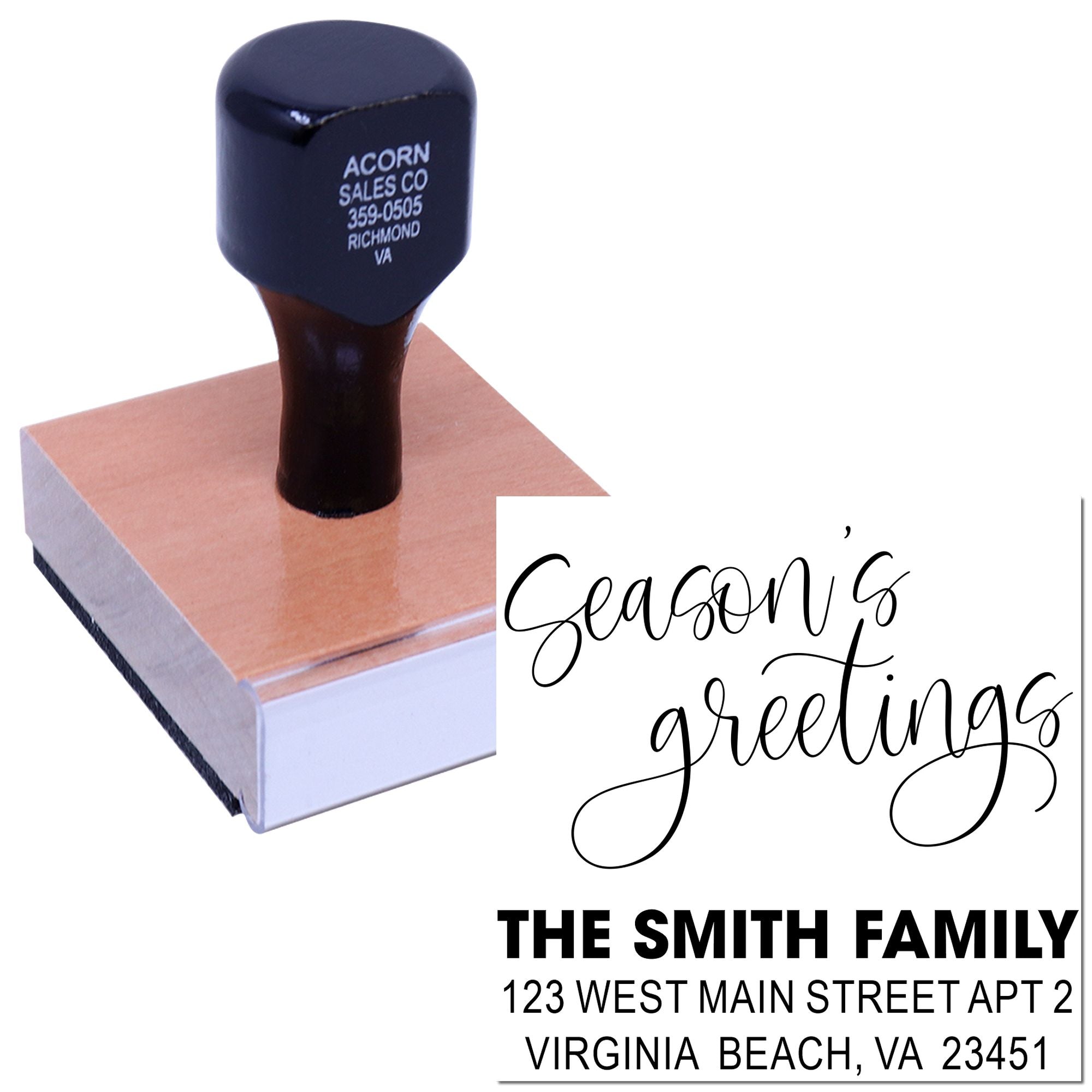 Custom self-inking address rubber stamp with Seasons Greetings for holiday cards and family mailings.