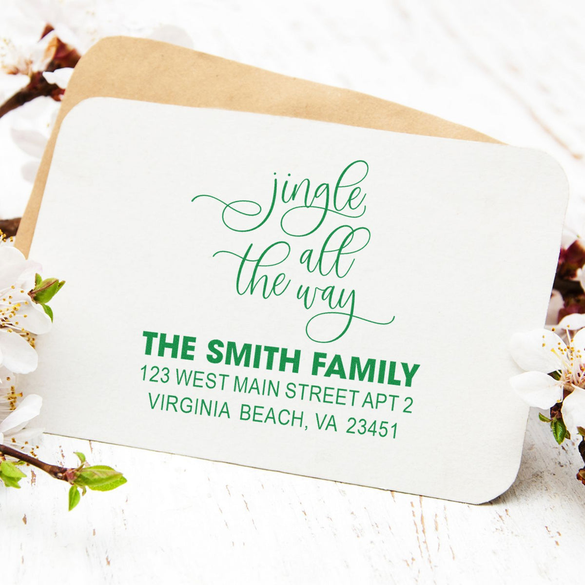 Personalized holiday return address rubber stamp with Jingle All the Way for festive envelopes.