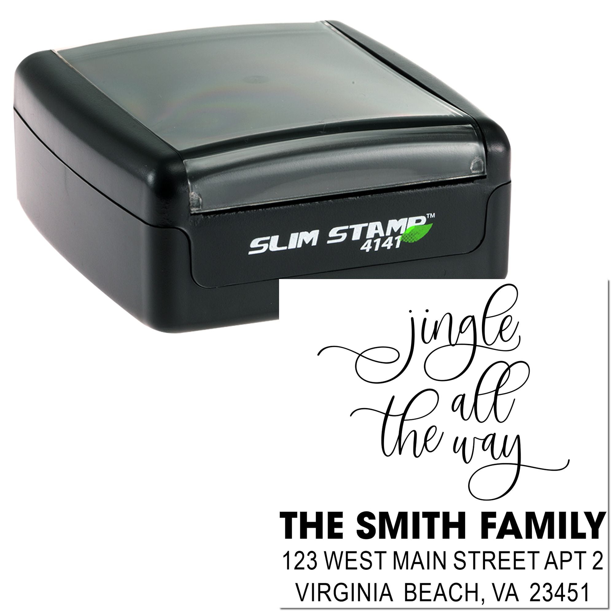 Slim self-inking custom rubber stamp with holiday return address design and jingle all the way script for envelopes.